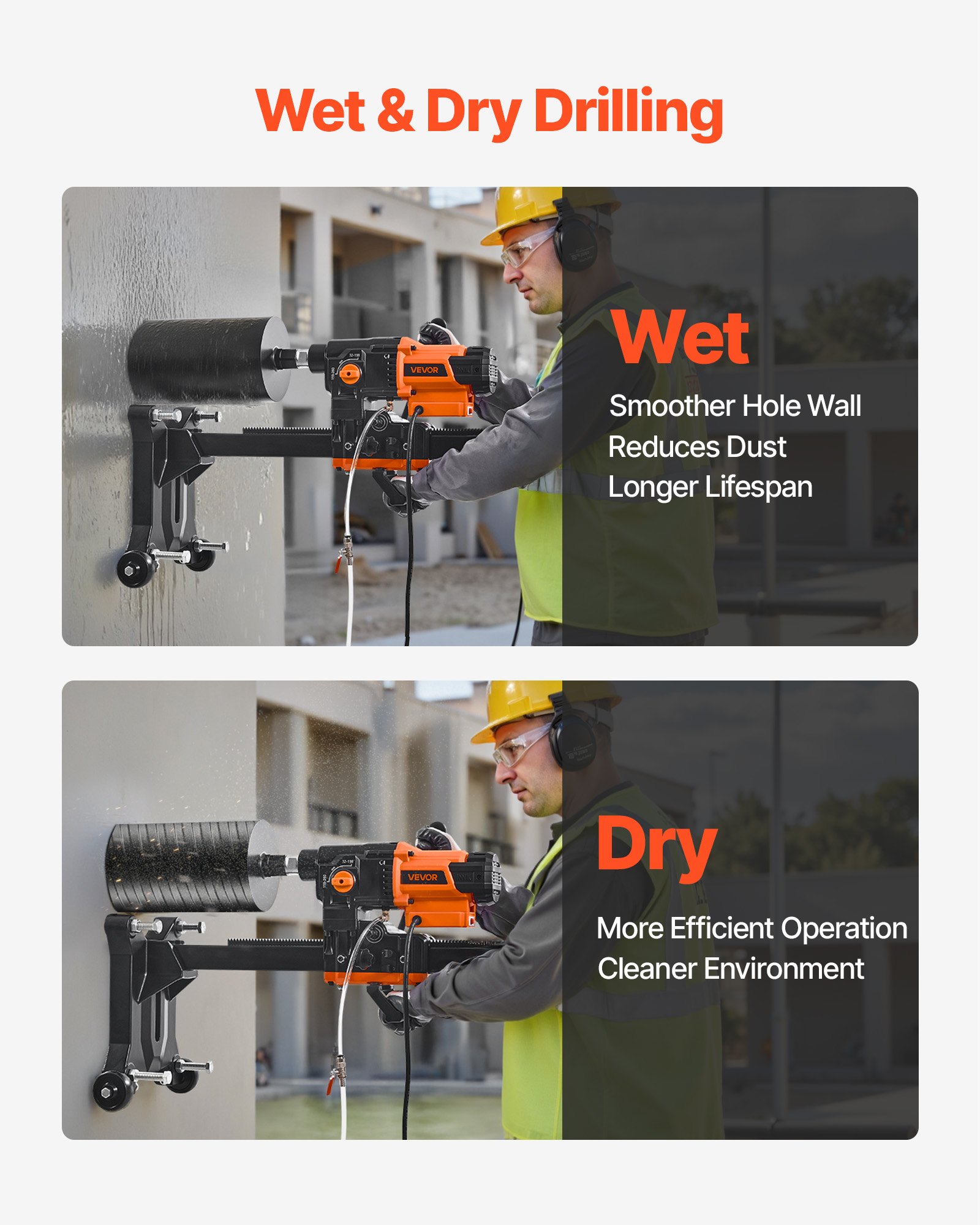 VEVOR Diamond Core Drilling Machine, 20-254 mm Drilling Diameter, Stand-Mount Dry and Wet Concrete Core Drill Rig with 10 Bits, 535/920 RPM 2-Speed, UNC1 1/4-7 Thread, for Concrete Brick Stone, 2500W