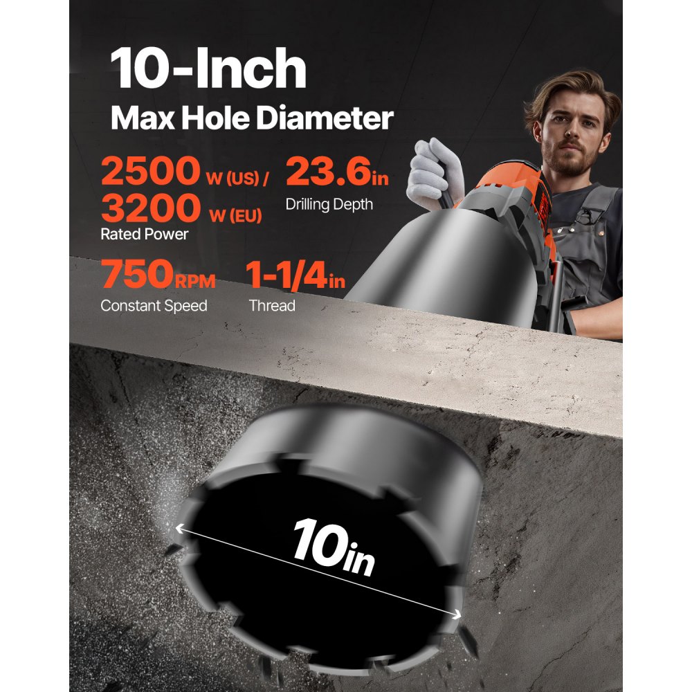 VEVOR Taladro de Diamante Diámetro Máximo de 26 cm Máquina Perforadora de Diamante Profundidad de 60 cm Taladradora Diamantina Húmeda 2500 W 750 rpm para Agujeros Construcción de Hormigón Armado