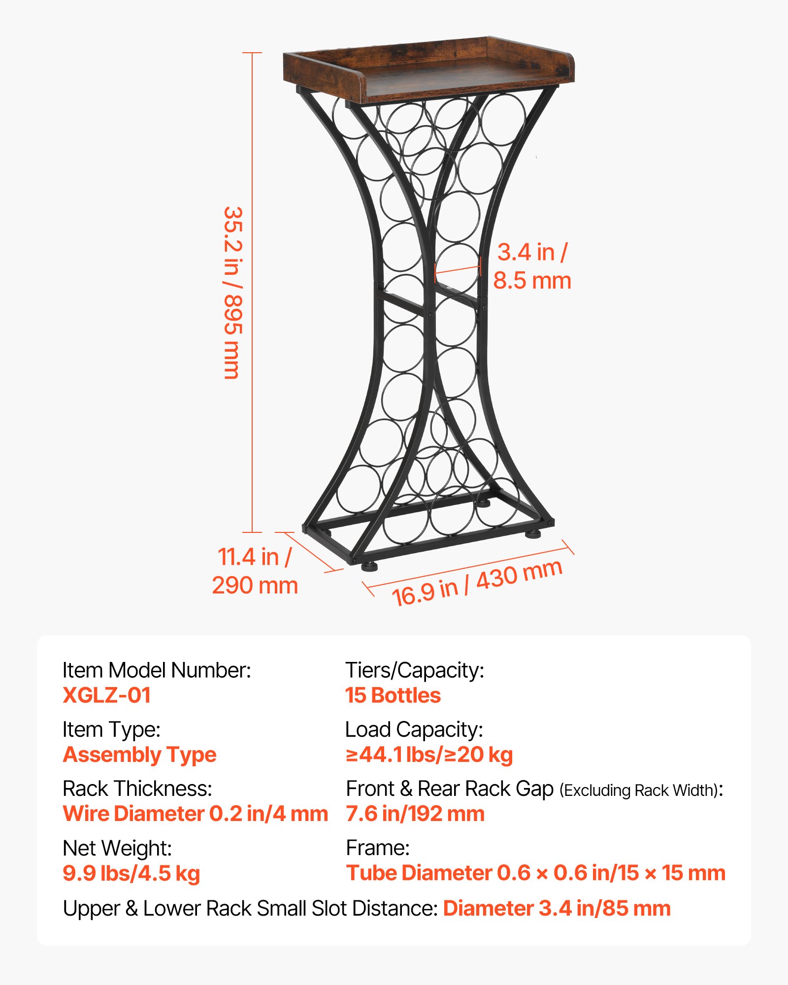 VEVOR Botellero para 15 Botellas, Independiente, Capacidad de Carga de 20 kg, Soporte para Copas y Estante de Madera, Ideal para Cocina, Bodega, Bar o Sala de Estar, Negro, 430 x 290 x 895 mm