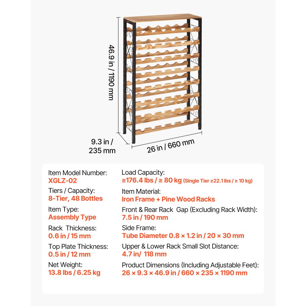 VEVOR Botellero para 48 Botellas, 8 Niveles, Independiente, de Hierro y Madera, Capacidad de Carga Total 80 kg y Patas Ajustables, Ideal para la Cocina o el Bar, Color Negro, 660 x 235 x 1190 mm
