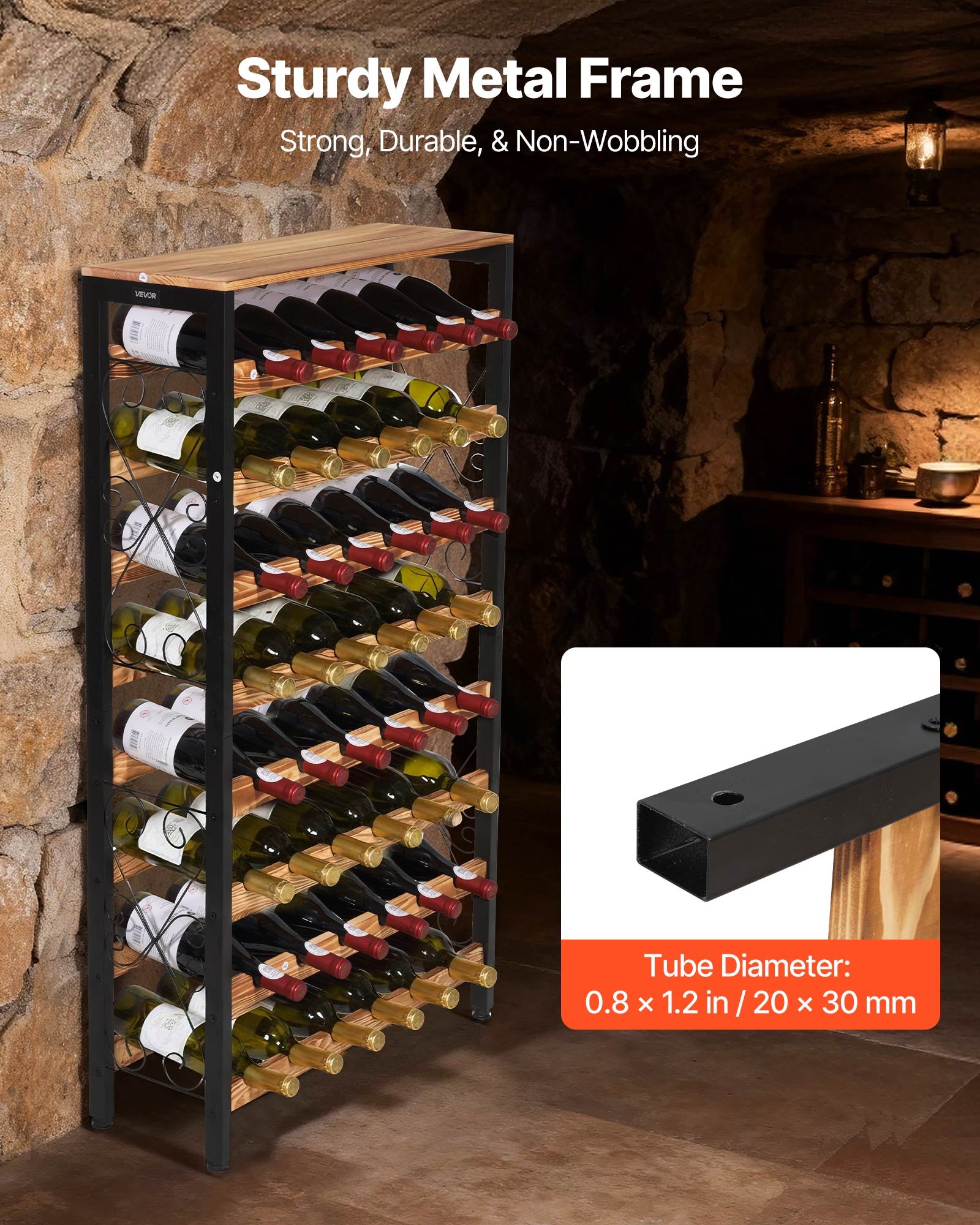 VEVOR Botellero para 48 Botellas, 8 Niveles, Independiente, de Hierro y Madera, Capacidad de Carga Total 80 kg y Patas Ajustables, Ideal para la Cocina o el Bar, Color Negro, 660 x 235 x 1190 mm