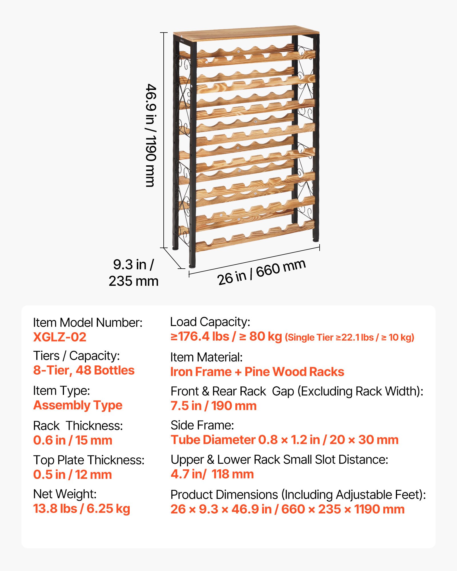 VEVOR Botellero para 48 Botellas, 8 Niveles, Independiente, de Hierro y Madera, Capacidad de Carga Total 80 kg y Patas Ajustables, Ideal para la Cocina o el Bar, Color Negro, 660 x 235 x 1190 mm