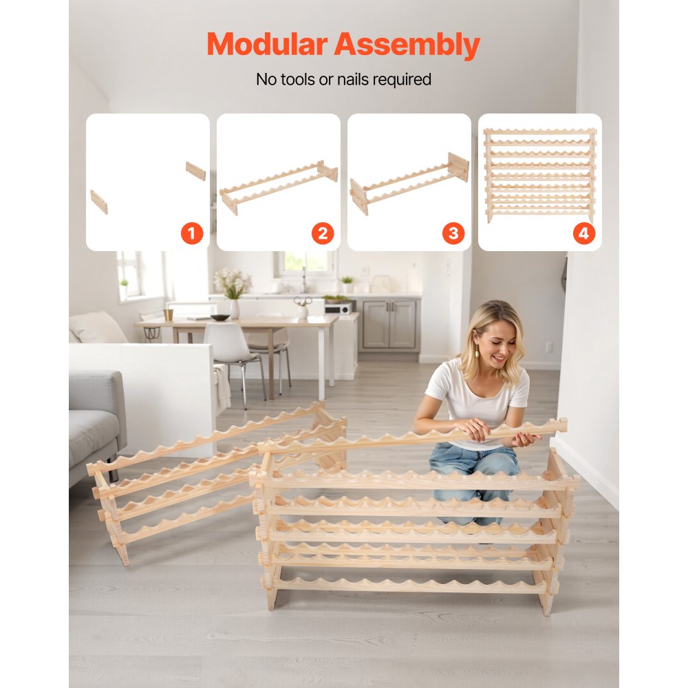 VEVOR Botellero Modular Apilable para 96 ​​Botellas, 8 Niveles, con Capacidad de Carga Total de 112 kg, Estable, Ideal para Cocina, Bodega, Bar y Vinoteca, Madera de Pino, 1130 x 290 x 962 mm