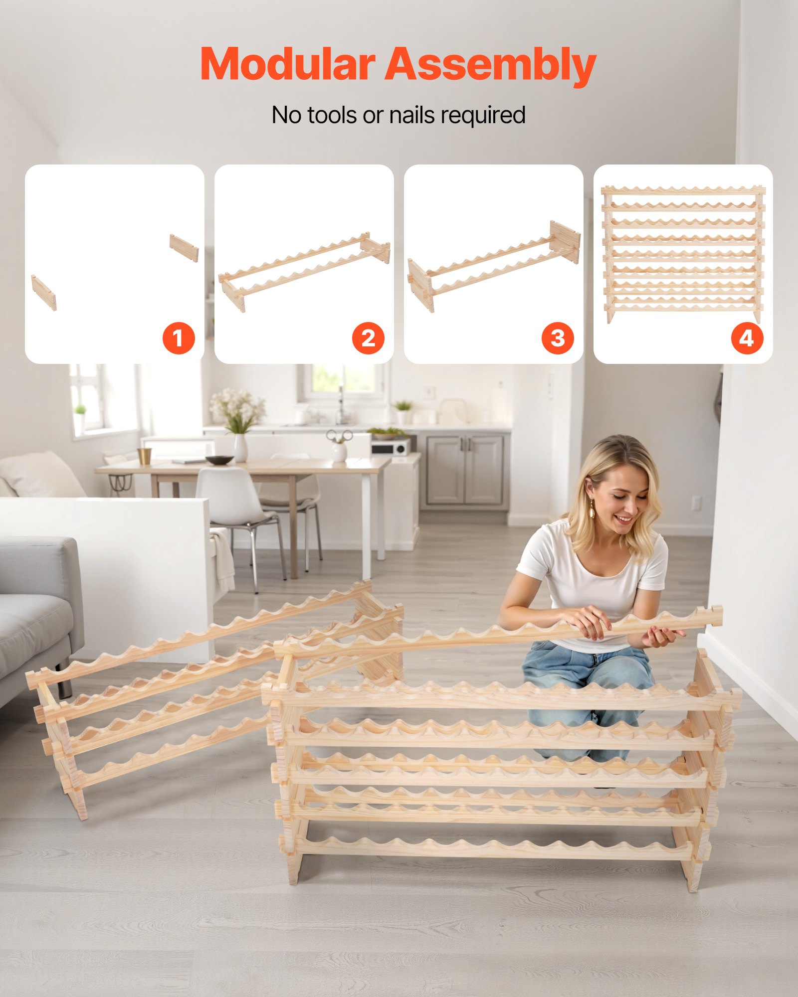 VEVOR Botellero Modular Apilable para 96 ​​Botellas, 8 Niveles, con Capacidad de Carga Total de 112 kg, Estable, Ideal para Cocina, Bodega, Bar y Vinoteca, Madera de Pino, 1130 x 290 x 962 mm