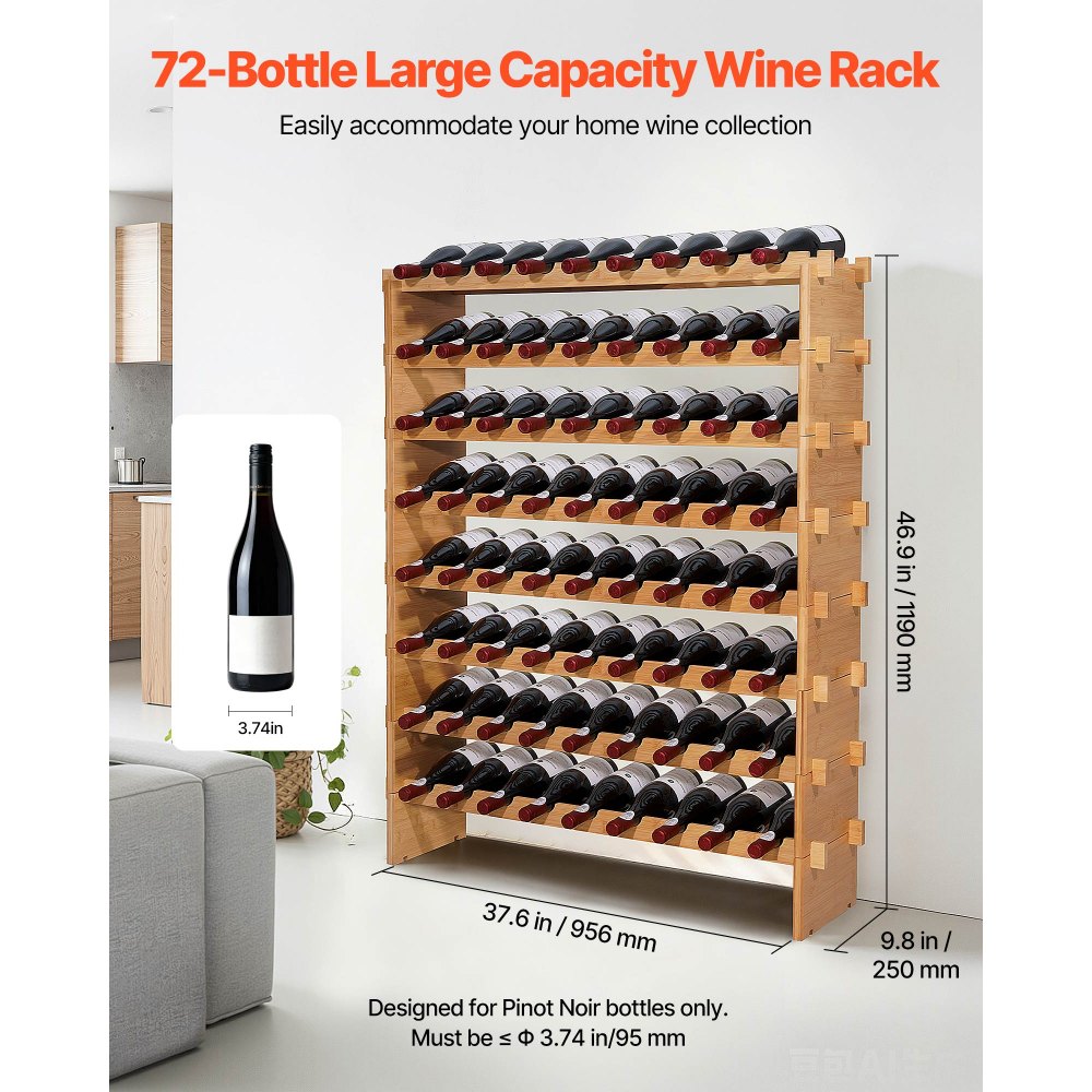 VEVOR Botellero Modular Apilable de Bambú, para 72 Botellas, 8 Niveles, Capacidad de Carga Total de 80 kg, Estable, Ideal para Cocina, Bodega, Bar y Vinoteca, Color Natural, 956 x 250 x 1190 mm
