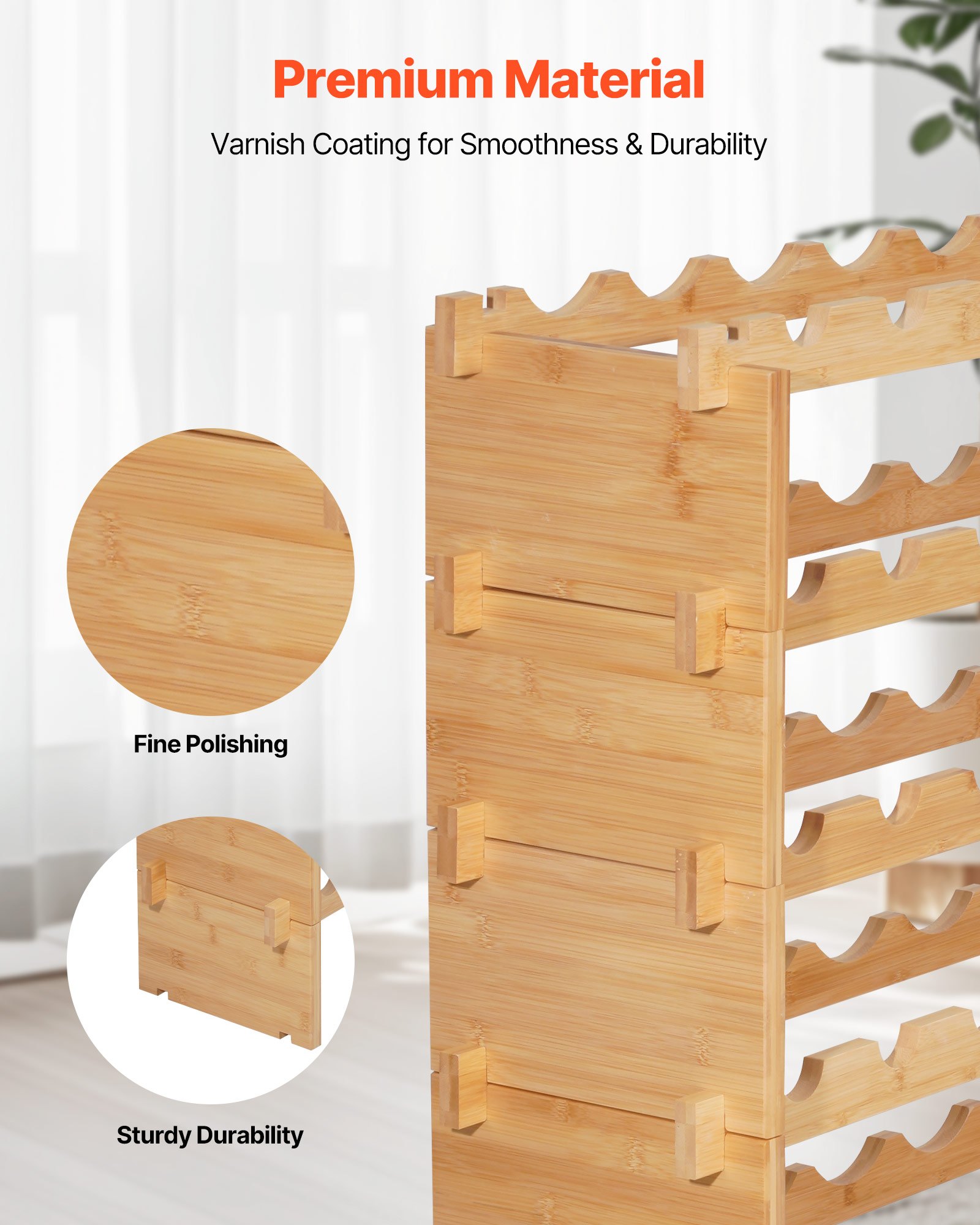 VEVOR Botellero Modular Apilable de Bambú, para 72 Botellas, 8 Niveles, Capacidad de Carga Total de 80 kg, Estable, Ideal para Cocina, Bodega, Bar y Vinoteca, Color Natural, 956 x 250 x 1190 mm