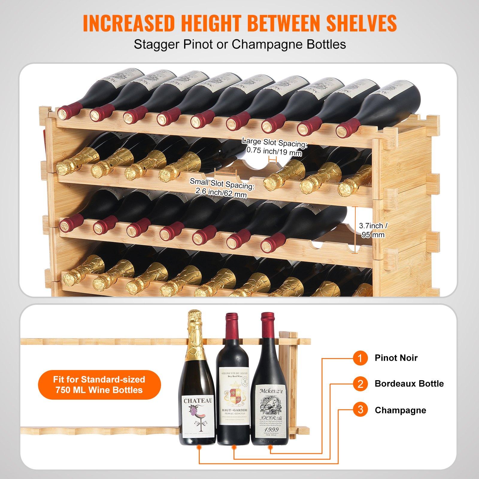 VEVOR Stackable Wine Rack for 72 Bottles, Sturdy Bottle Rack, 8-Tier Storage Shelf Made of Bamboo Wood, Freestanding Wine Rack, Wobble-Free Shelves Wine Stand for Kitchen, Bar, Cellar (Natural Color)
