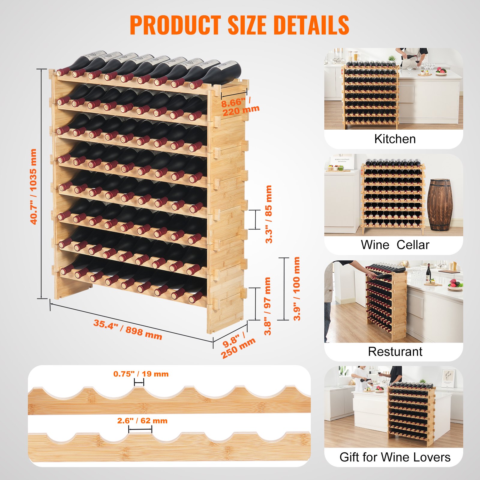 VEVOR Stackable Wine Rack for 72 Bottles, Sturdy Bottle Rack, 8-Tier Storage Shelf Made of Bamboo Wood, Freestanding Wine Rack, Wobble-Free Shelves Wine Stand for Kitchen, Bar, Cellar (Natural Color)