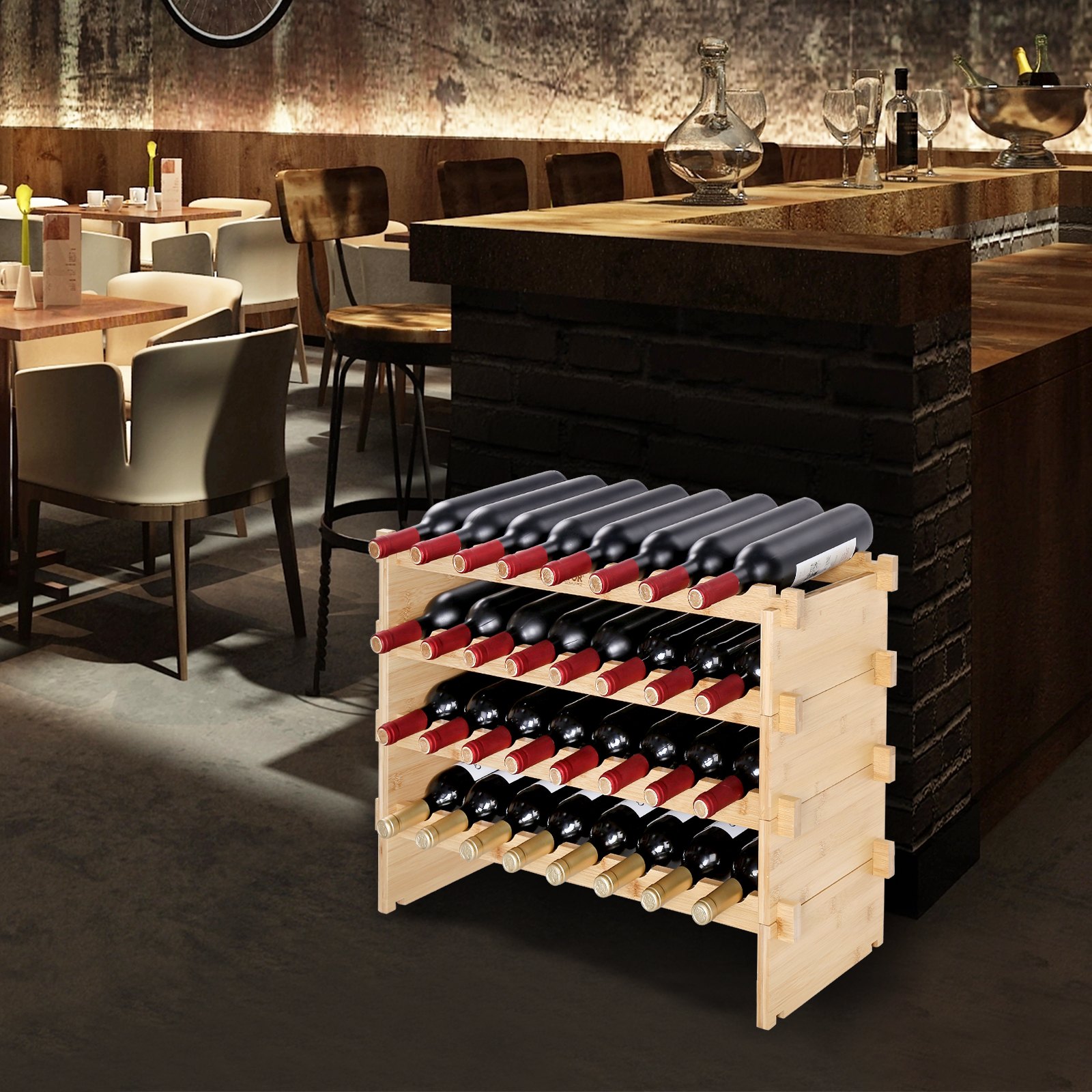 VEVOR Botellero para Vinos de Bambú de 6 Niveles 48 Botellas Estantería Modular Apilable 76,5 x 25 x 77,5 cm Estantería de Exhibición Independiente para Vinos para Cocina, Bar y Bodega, Color Natural