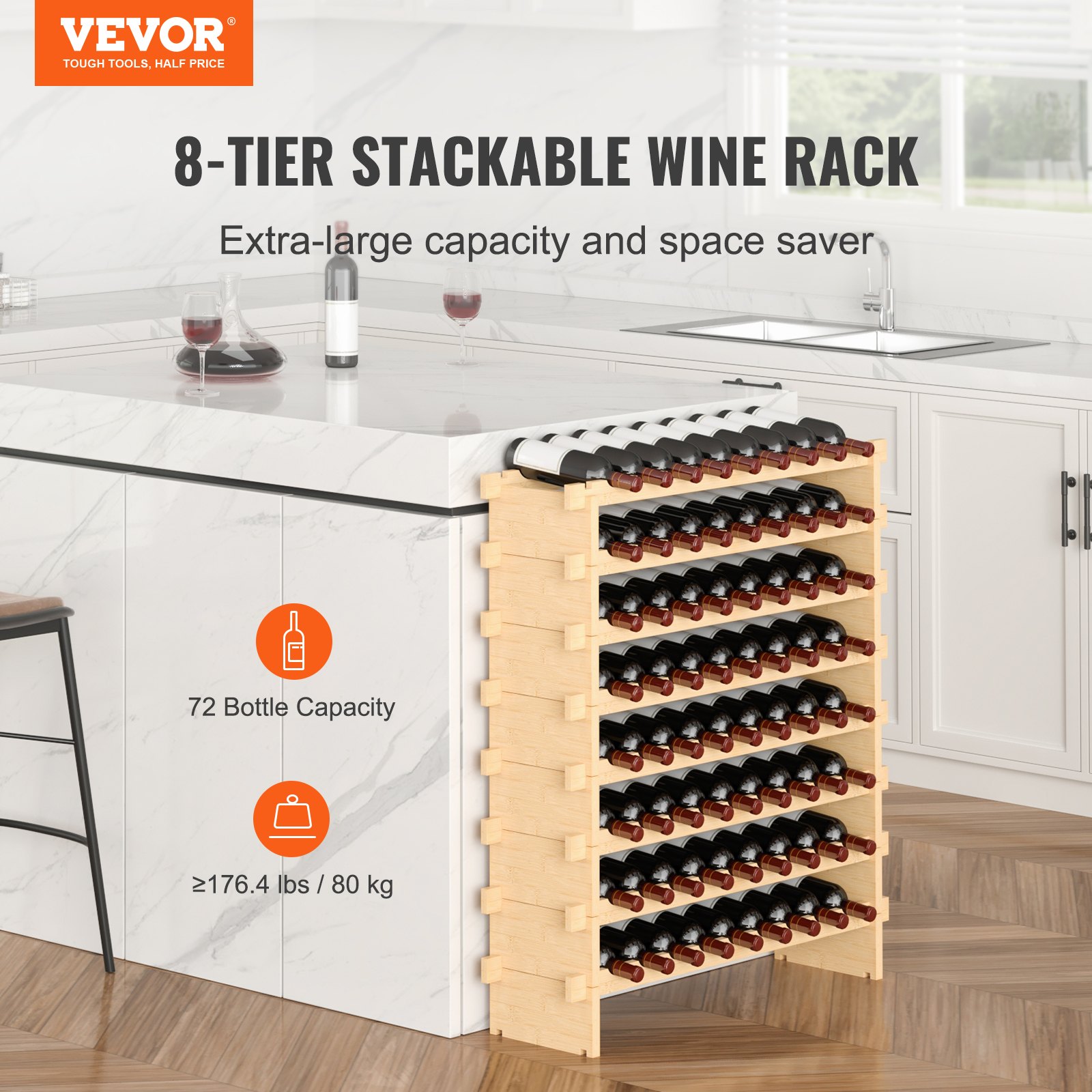 VEVOR Botellero para Vinos de Bambú de 8 Niveles 72 Botellas Estantería Modular Apilable 85 x 25 x 102,5 cm Estantería de Exhibición Independiente para Vinos para Cocina, Bar y Bodega, Color Natural