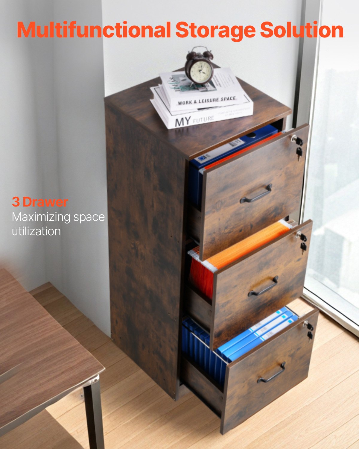 VEVOR filing cabinet with 3 drawers and lock, vertical wooden office cabinets for home office, storage cabinet/material cabinet with adjustable hanging rail, storage cabinet for A4 files