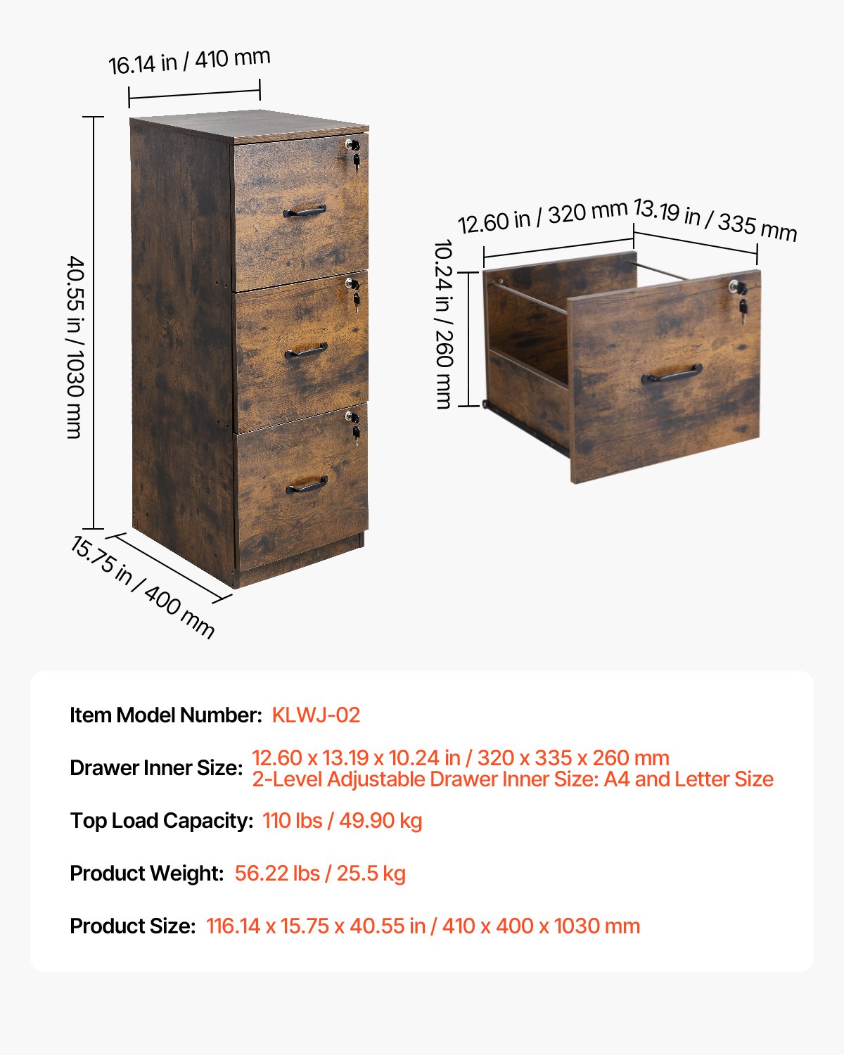 VEVOR filing cabinet with 3 drawers and lock, vertical wooden office cabinets for home office, storage cabinet/material cabinet with adjustable hanging rail, storage cabinet for A4 files