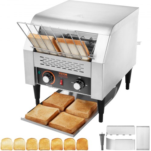 VEVOR Tostadora Transportadora Comercial 300 Rebanadas por Hora Tostadora de Acero Inoxidable 2200W 7 Configuraciones de Velocidad con Bandeja para Migas Bollos Hamburguesa Panadería Restaurante Hotel
