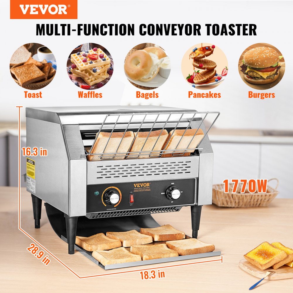 VEVOR Tostadora Transportadora Comercial 450 Rebanadas por Hora Tostadora de Acero Inoxidable 2600W 7 Configuraciones de Velocidad con Bandeja para Migas Bollos Hamburguesa Panadería Restaurante Hotel