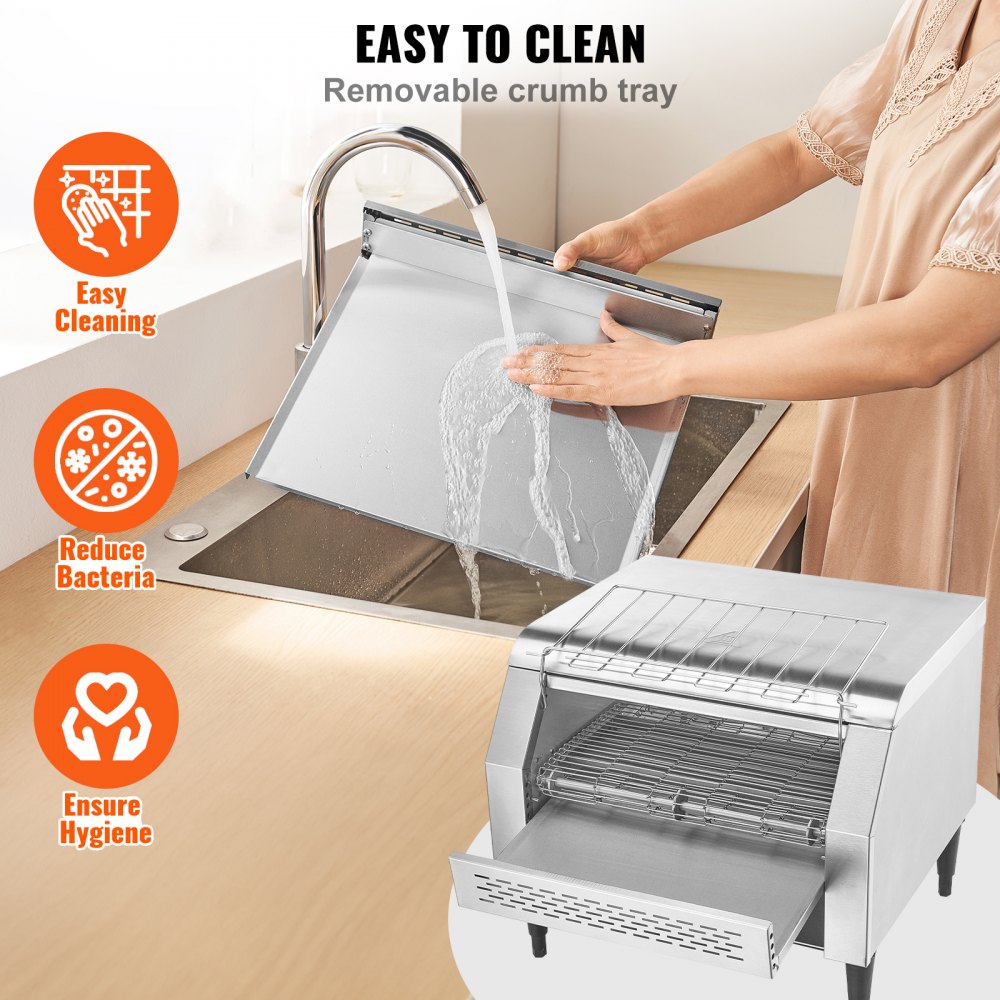 VEVOR Tostadora Transportadora Comercial 450 Rebanadas por Hora Tostadora de Acero Inoxidable 2600W 7 Configuraciones de Velocidad con Bandeja para Migas Bollos Hamburguesa Panadería Restaurante Hotel