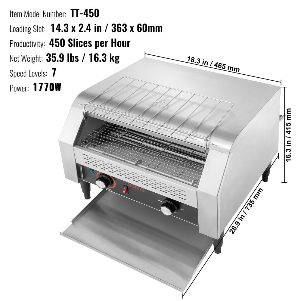 VEVOR Tostadora Transportadora Comercial 450 Rebanadas por Hora Tostadora de Acero Inoxidable 2600W 7 Configuraciones de Velocidad con Bandeja para Migas Bollos Hamburguesa Panadería Restaurante Hotel