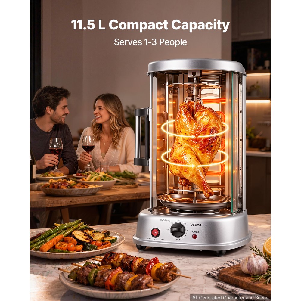 VEVOR Máquina para Asar Shawarma 11,5 L, Asador Vertical Giratorio 1500 W, con Puerta Resistente al Calor, Bandeja Recogegrasa y Temporizador, Rejilla para Kebabs con 7 Brochetas, para Restaurantes