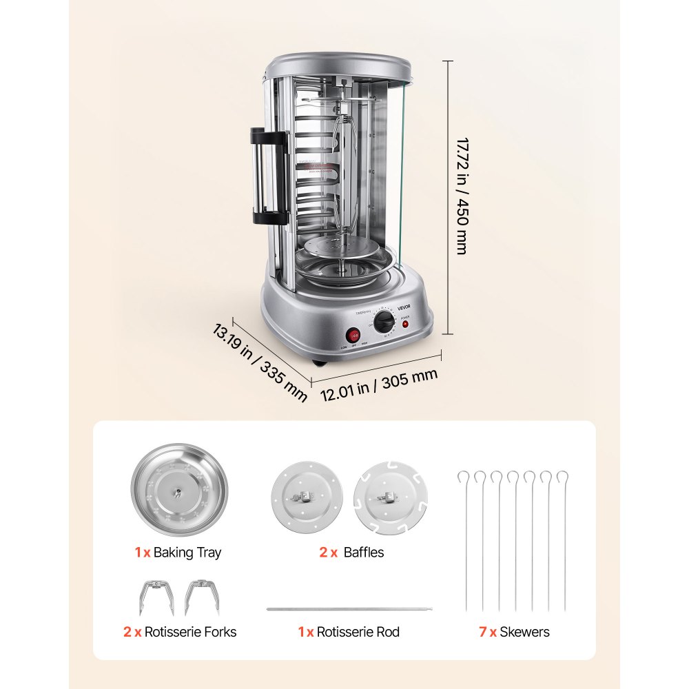 VEVOR Máquina para Asar Shawarma 11,5 L, Asador Vertical Giratorio 1500 W, con Puerta Resistente al Calor, Bandeja Recogegrasa y Temporizador, Rejilla para Kebabs con 7 Brochetas, para Restaurantes