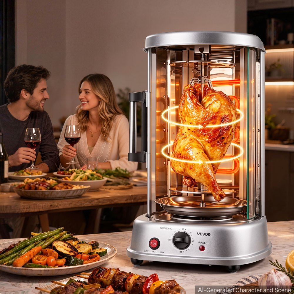 VEVOR Máquina para Asar Shawarma 11,5 L, Asador Vertical Giratorio 1500 W, con Puerta Resistente al Calor, Bandeja Recogegrasa y Temporizador, Rejilla para Kebabs con 7 Brochetas, para Restaurantes