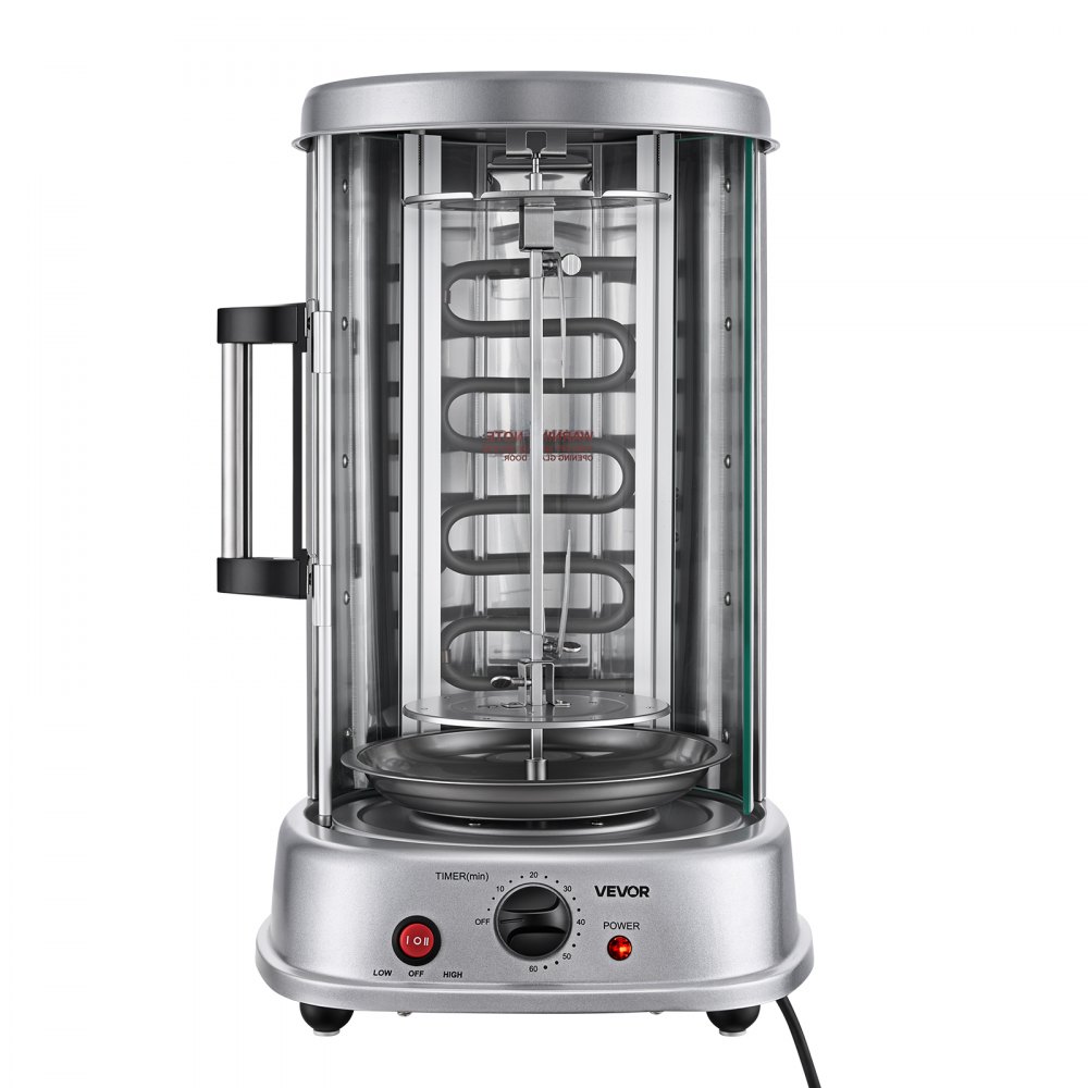 VEVOR Máquina para Asar Shawarma 11,5 L, Asador Vertical Giratorio 1500 W, con Puerta Resistente al Calor, Bandeja Recogegrasa y Temporizador, Rejilla para Kebabs con 7 Brochetas, para Restaurantes