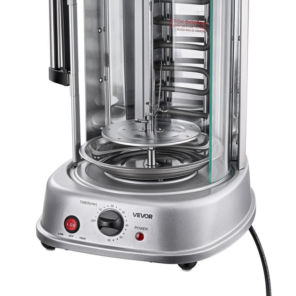 VEVOR Máquina para Asar Shawarma 11,5 L, Asador Vertical Giratorio 1500 W, con Puerta Resistente al Calor, Bandeja Recogegrasa y Temporizador, Rejilla para Kebabs con 7 Brochetas, para Restaurantes