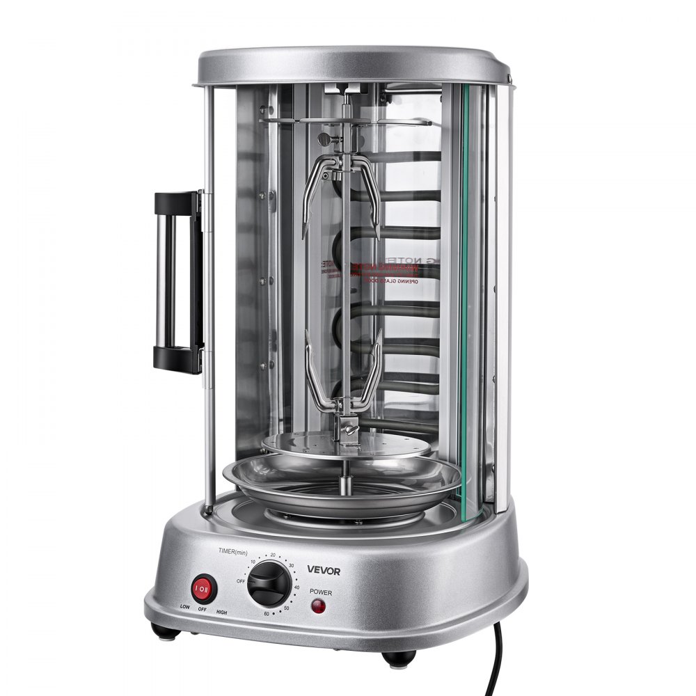 VEVOR Máquina para Asar Shawarma 11,5 L, Asador Vertical Giratorio 1500 W, con Puerta Resistente al Calor, Bandeja Recogegrasa y Temporizador, Rejilla para Kebabs con 7 Brochetas, para Restaurantes