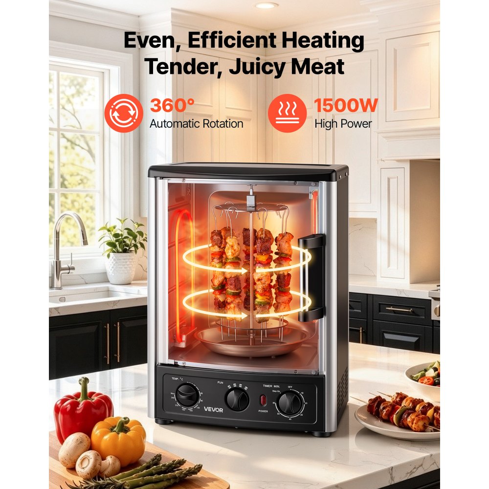 VEVOR Máquina para Asar Shawarma 22 L, Asador Vertical Giratorio 1500 W, con Puerta Resistente al Calor, Bandeja Recogegrasa, Temporizador y control de temperatura, con 7 Brochetas, para Restaurante