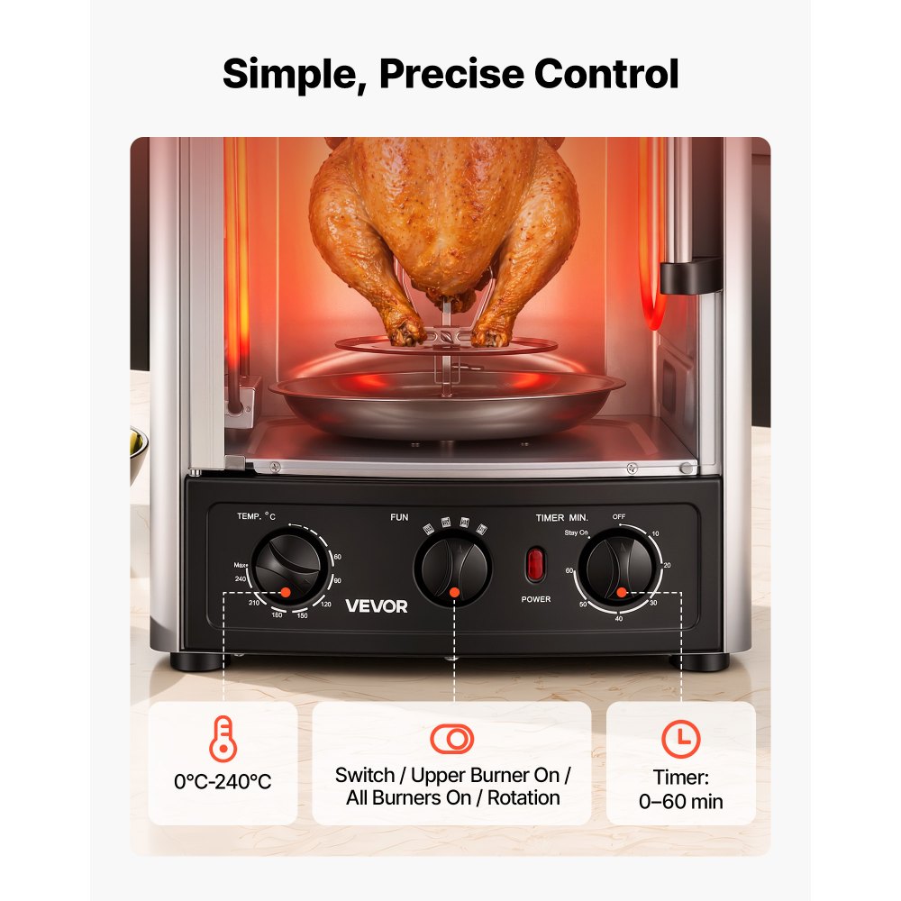 VEVOR Máquina para Asar Shawarma 22 L, Asador Vertical Giratorio 1500 W, con Puerta Resistente al Calor, Bandeja Recogegrasa, Temporizador y control de temperatura, con 7 Brochetas, para Restaurante