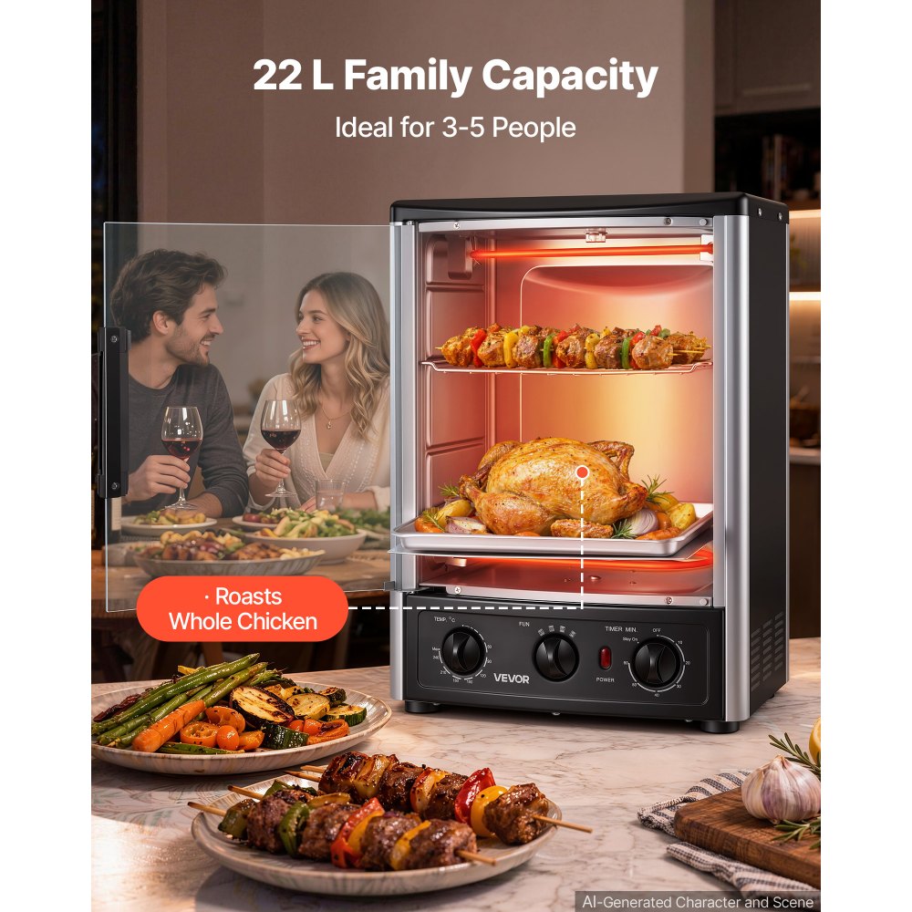 VEVOR Máquina para Asar Shawarma 22 L, Asador Vertical Giratorio 1500 W, con Puerta Resistente al Calor, Bandeja Recogegrasa, Temporizador y control de temperatura, con 7 Brochetas, para Restaurante