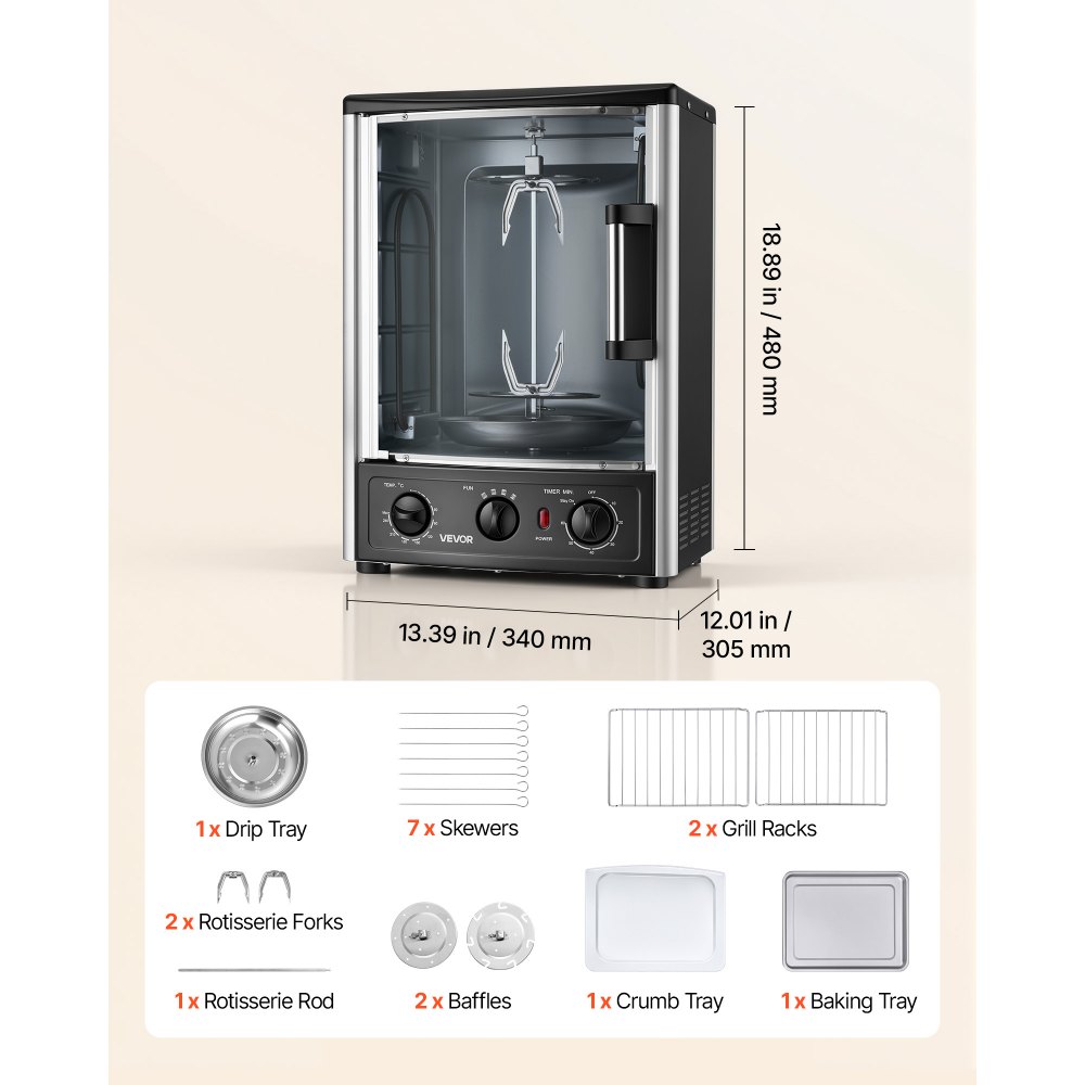 VEVOR Máquina para Asar Shawarma 22 L, Asador Vertical Giratorio 1500 W, con Puerta Resistente al Calor, Bandeja Recogegrasa, Temporizador y control de temperatura, con 7 Brochetas, para Restaurante