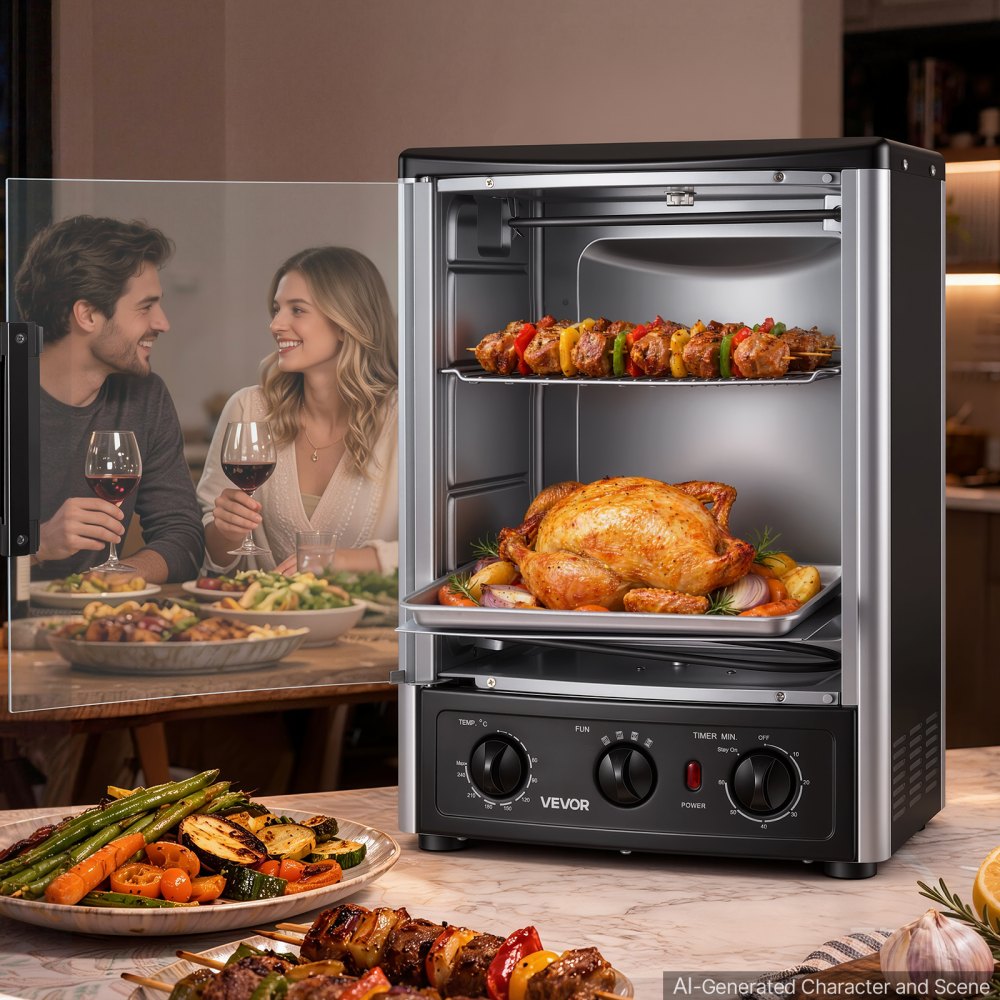 VEVOR Máquina para Asar Shawarma 22 L, Asador Vertical Giratorio 1500 W, con Puerta Resistente al Calor, Bandeja Recogegrasa, Temporizador y control de temperatura, con 7 Brochetas, para Restaurante