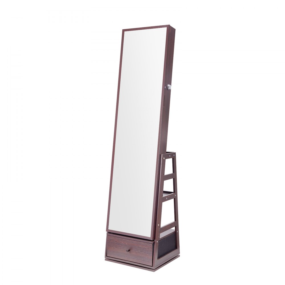 VEVOR Armario para Joyas 390 x 367 x 1600 mm con Espejo Giratorio de 360°, Organizador de Espejos para Joyas con Cerradura y Espejo de Cuerpo Entero, Forro de Terciopelo, Luz LED para Valores,  Marrón