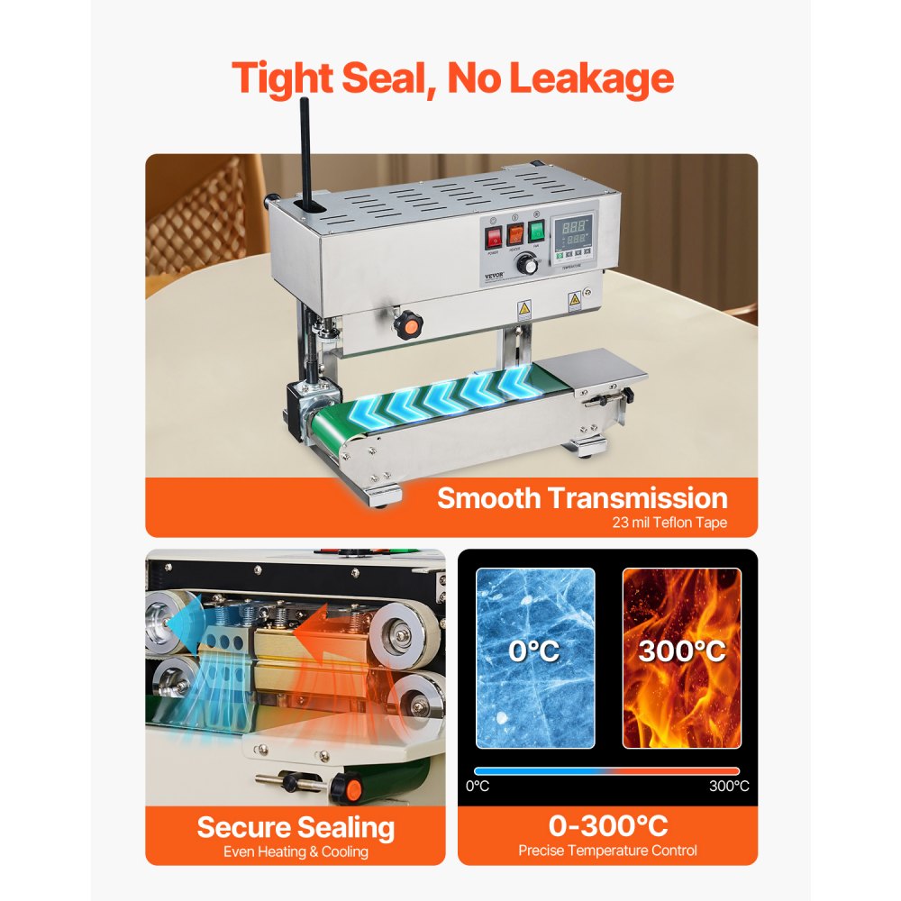 VEVOR Selladora Continua de Acero Inoxidable de Bolsas de Banda Ancho de Sellado de 6-12 mm, Sellador Vertical con Control de Temperatura Digital para Película de Bolsa de Plástico de 0,02-0,8 mm