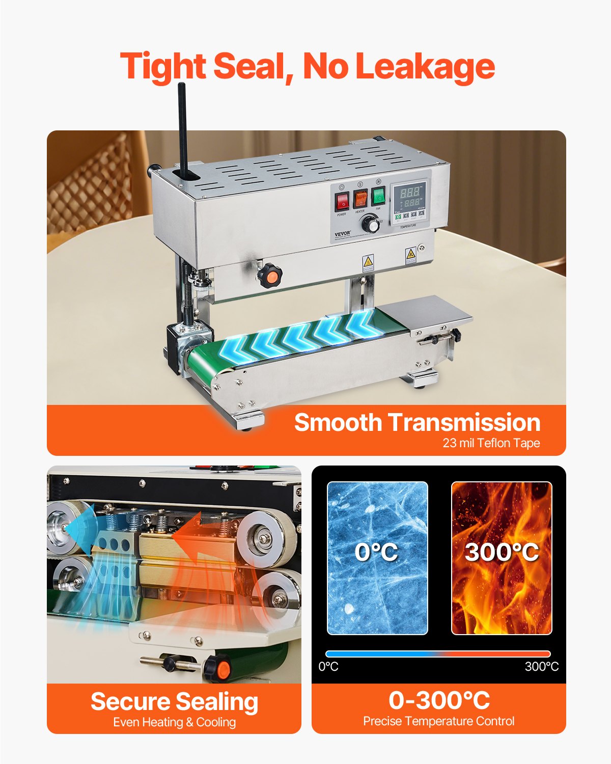 VEVOR Selladora Continua de Acero Inoxidable de Bolsas de Banda Ancho de Sellado de 6-12 mm, Sellador Vertical con Control de Temperatura Digital para Película de Bolsa de Plástico de 0,02-0,8 mm