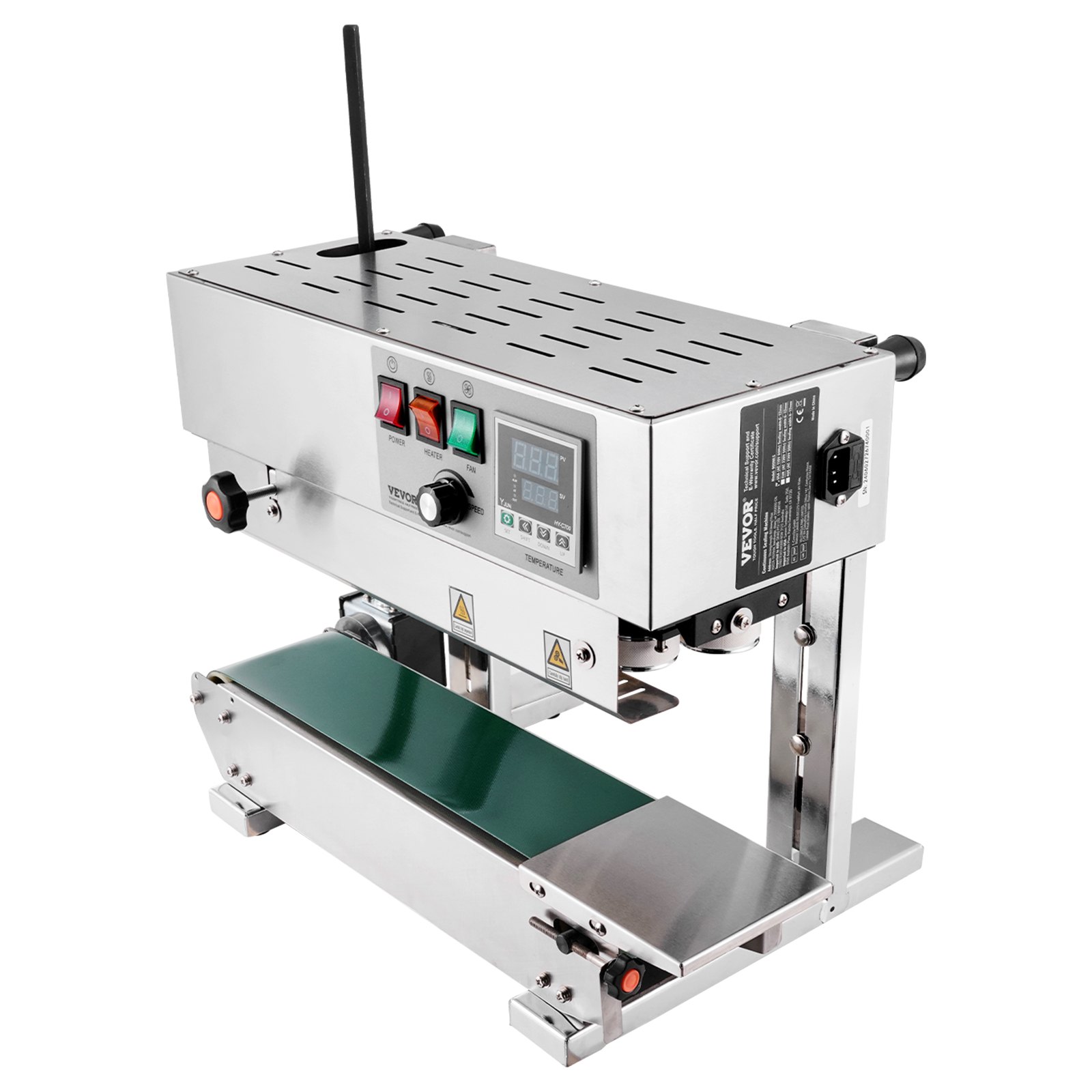 VEVOR Selladora Continua de Acero Inoxidable de Bolsas de Banda Ancho de Sellado de 6-12 mm, Sellador Vertical con Control de Temperatura Digital para Película de Bolsa de Plástico de 0,02-0,8 mm