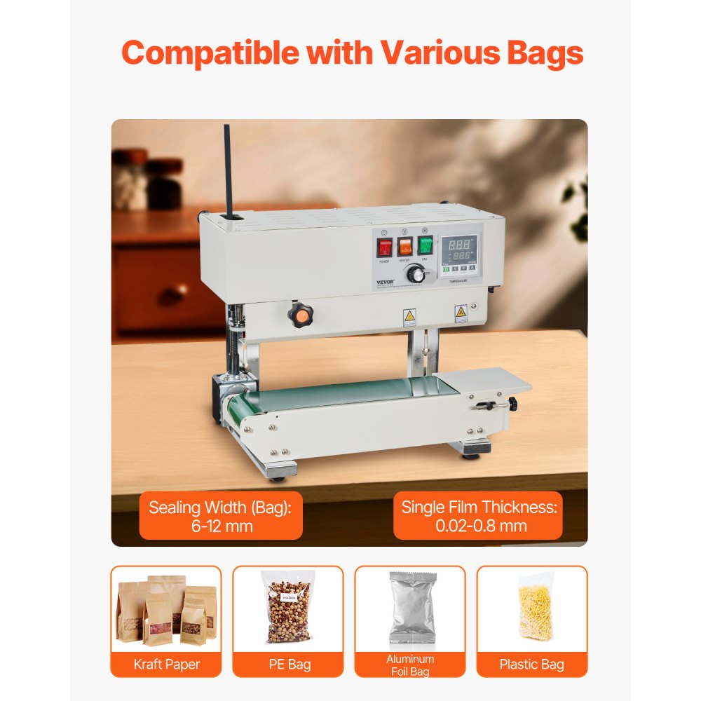 VEVOR Selladora Continua de Acero al Carbono de Bolsas de Banda Ancho de Sellado de 6-12 mm, Sellador Vertical con Control de Temperatura Digital para Película de Bolsa de Plástico de 0,02-0,8 mm