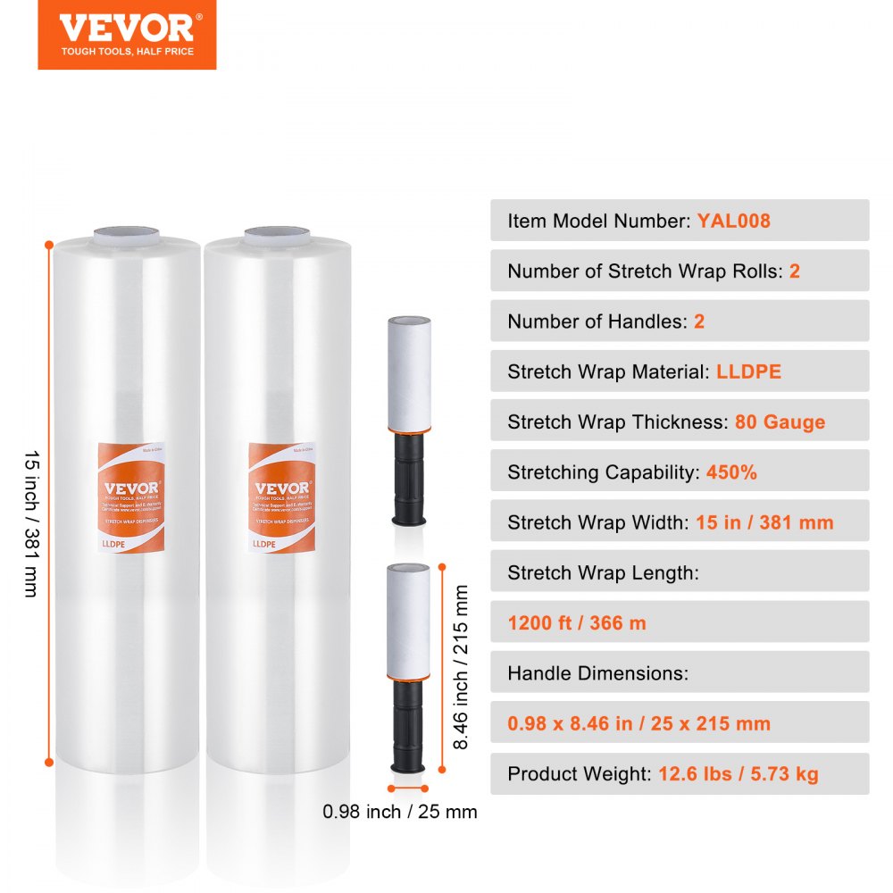 VEVOR Película Elástica, 366 m, Paquete de 2, Calibre 80, Rollo de Envoltura Elástica Transparente y Duradero, Película Retráctil Resistente con Asas para Envolver Paletas, Envío en Movimiento