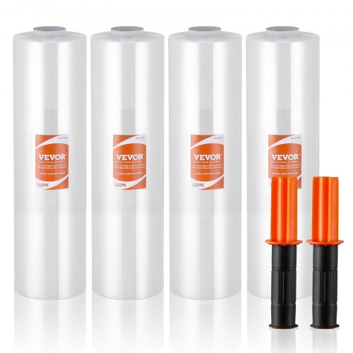 VEVOR Película Elástica Retráctil 366 m 4 Piezas Rollo de Envoltura Elástica Transparente y Duradero Calibre 80 Película Retráctil Resistente con Asas para Envolver Palés, Envío en Movimiento