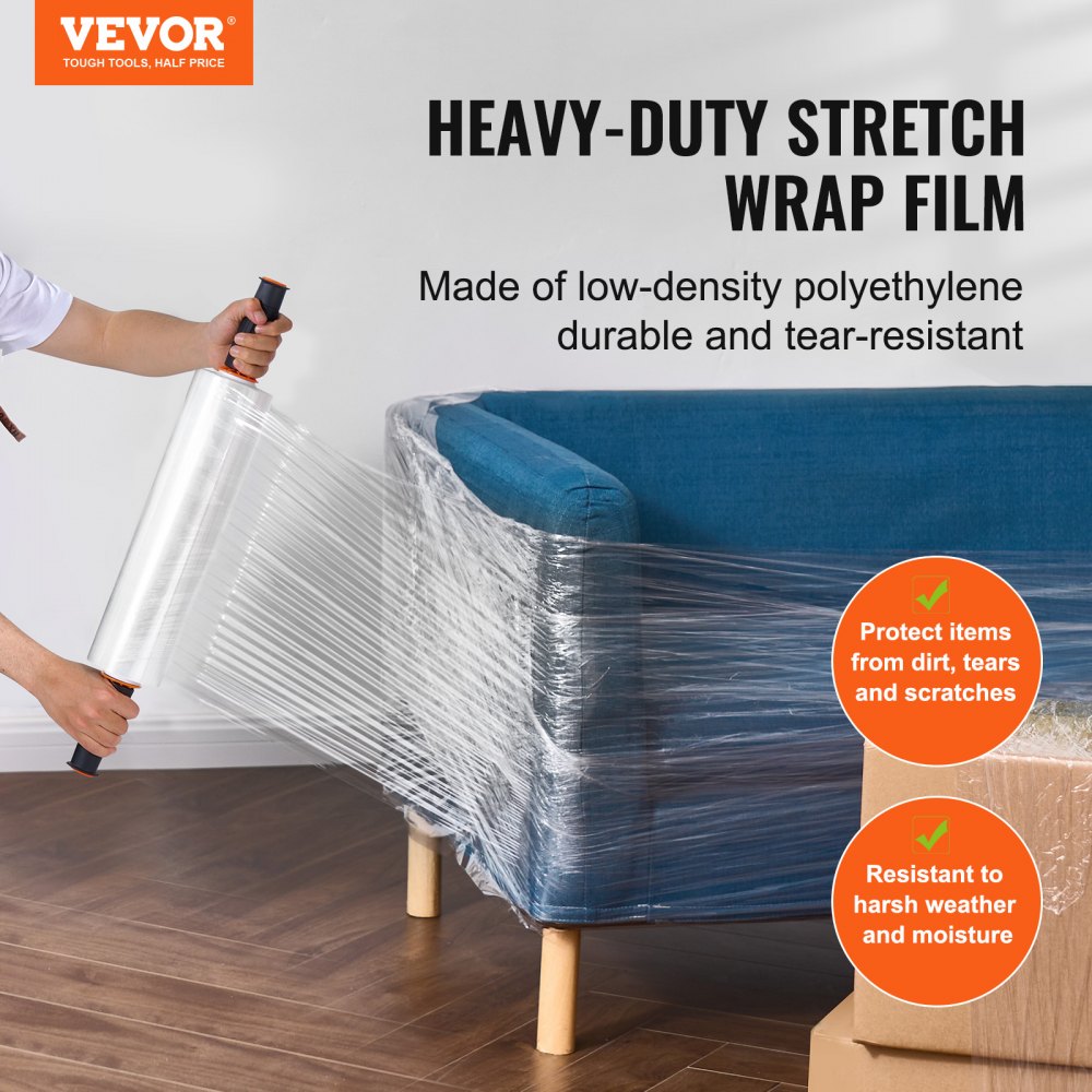 VEVOR Película Elástica Retráctil 366 m 4 Piezas Rollo de Envoltura Elástica Transparente y Duradero Calibre 80 Película Retráctil Resistente con Asas para Envolver Palés, Envío en Movimiento