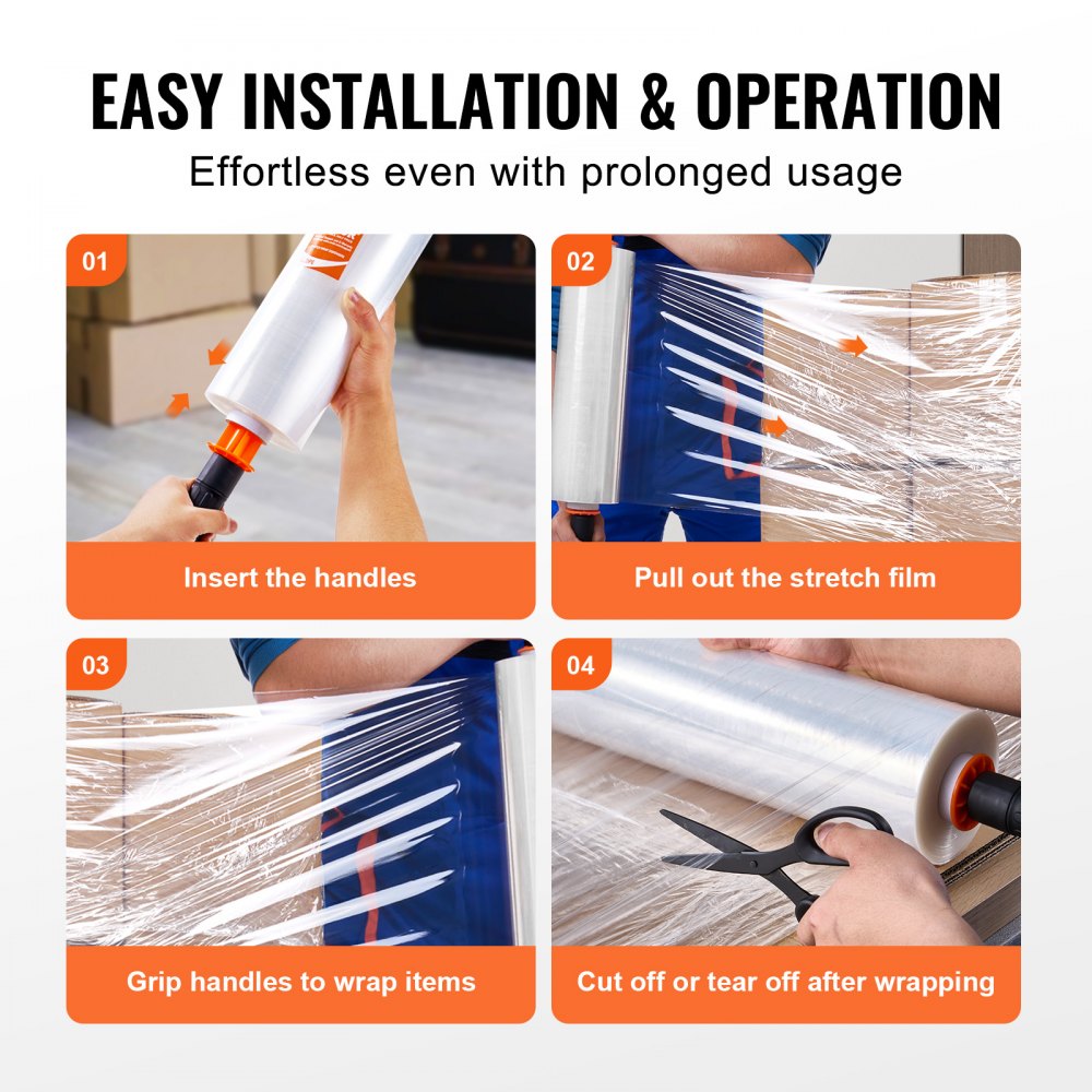 VEVOR Película Elástica Retráctil 366 m 4 Piezas Rollo de Envoltura Elástica Transparente y Duradero Calibre 80 Película Retráctil Resistente con Asas para Envolver Palés, Envío en Movimiento