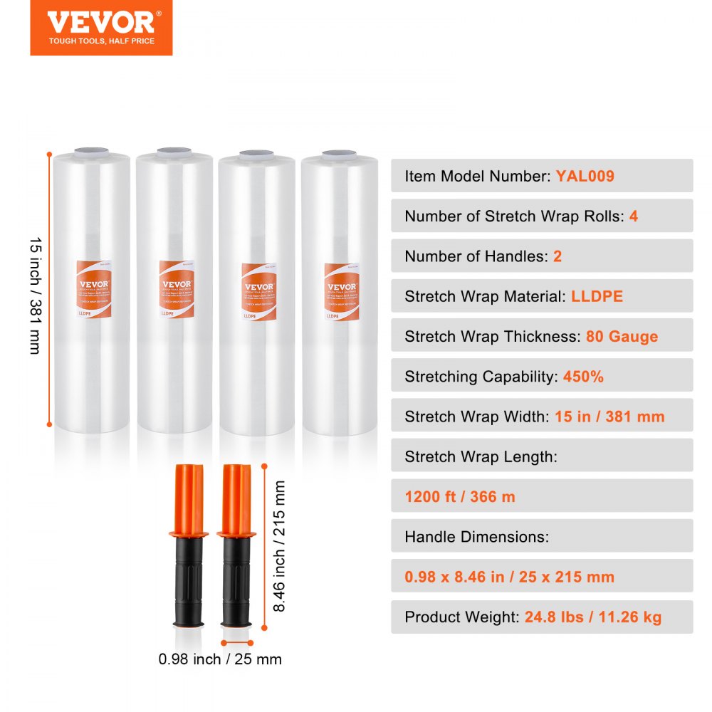 VEVOR Película Elástica Retráctil 366 m 4 Piezas Rollo de Envoltura Elástica Transparente y Duradero Calibre 80 Película Retráctil Resistente con Asas para Envolver Palés, Envío en Movimiento