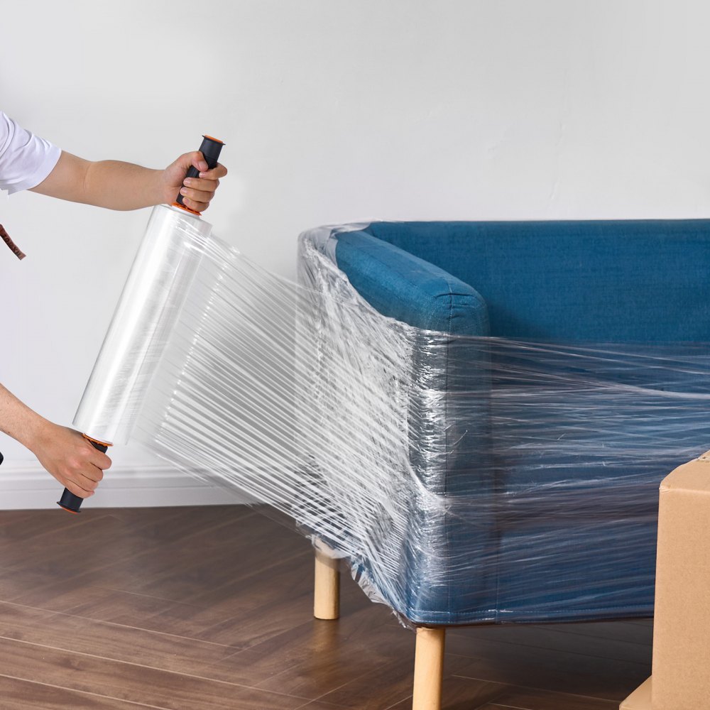 VEVOR Película Elástica Retráctil 366 m 4 Piezas Rollo de Envoltura Elástica Transparente y Duradero Calibre 80 Película Retráctil Resistente con Asas para Envolver Palés, Envío en Movimiento