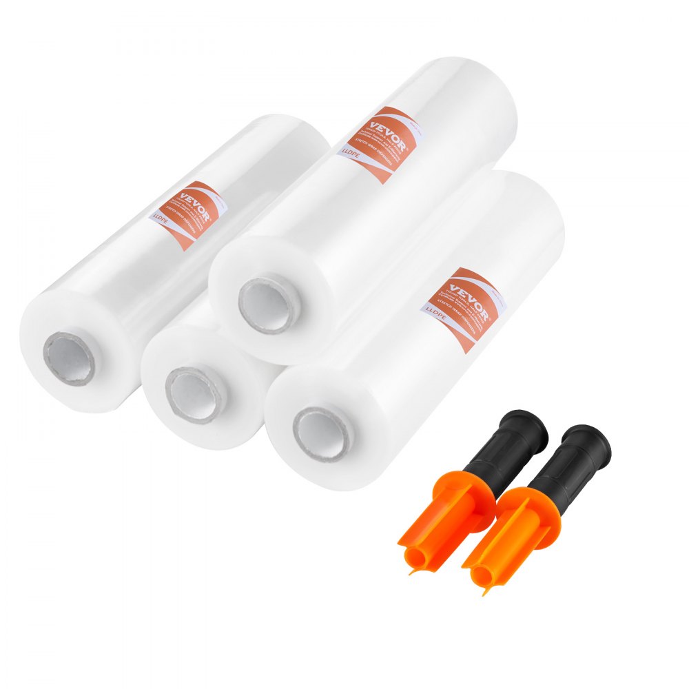 VEVOR Película Elástica Retráctil 366 m 4 Piezas Rollo de Envoltura Elástica Transparente y Duradero Calibre 80 Película Retráctil Resistente con Asas para Envolver Palés, Envío en Movimiento