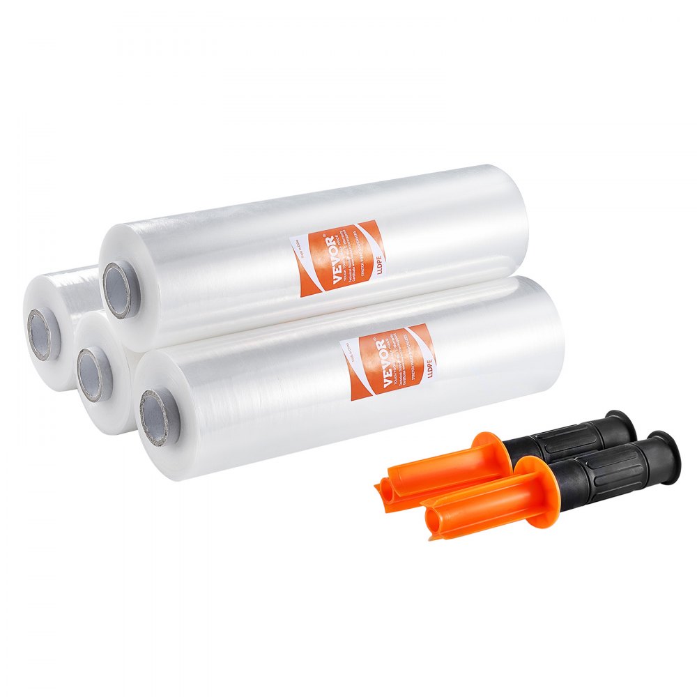 VEVOR Película Elástica Retráctil 366 m 4 Piezas Rollo de Envoltura Elástica Transparente y Duradero Calibre 80 Película Retráctil Resistente con Asas para Envolver Palés, Envío en Movimiento