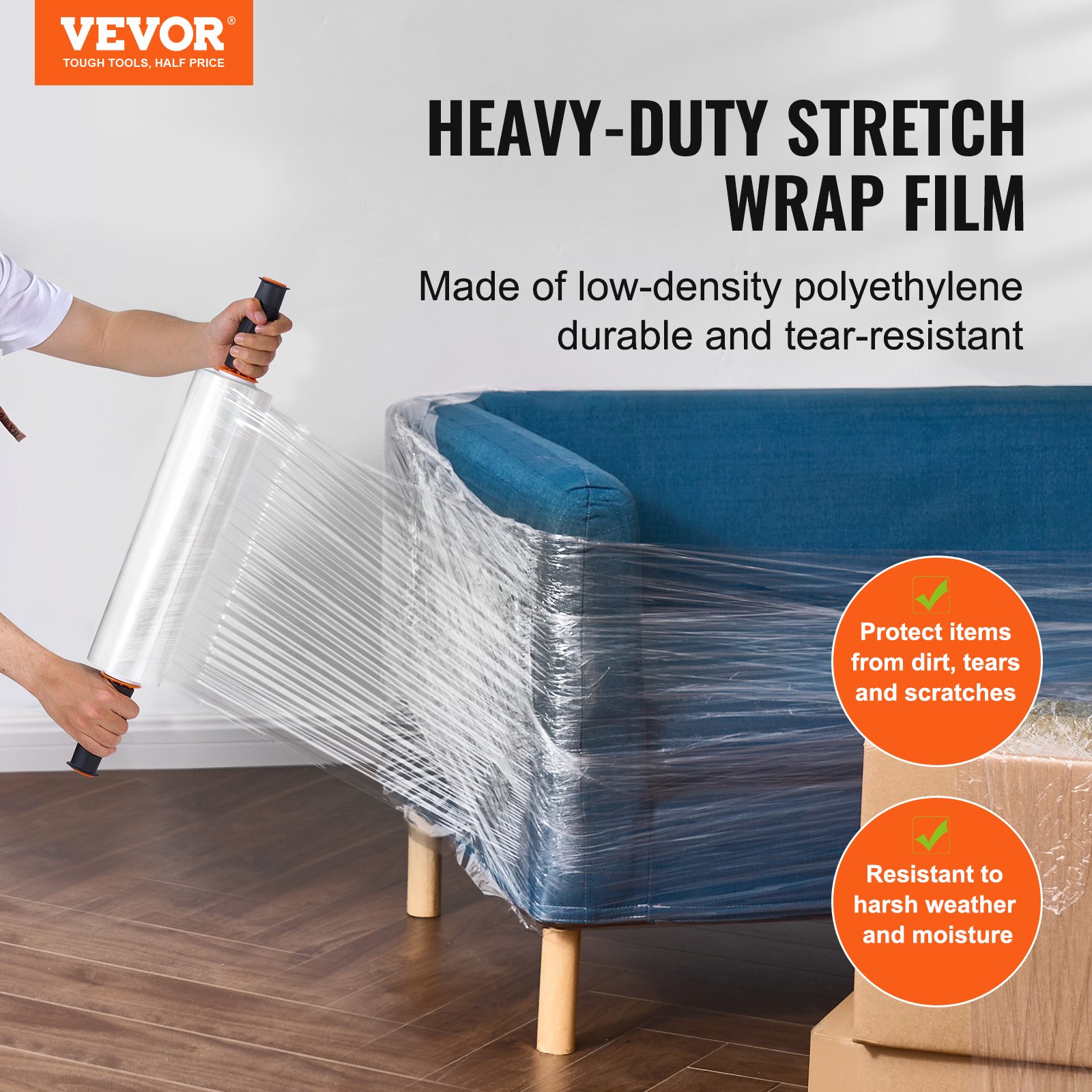 VEVOR Película Elástica Retráctil 366 m 4 Piezas Rollo de Envoltura Elástica Transparente y Duradero Calibre 80 Película Retráctil Resistente con Asas para Envolver Palés, Envío en Movimiento