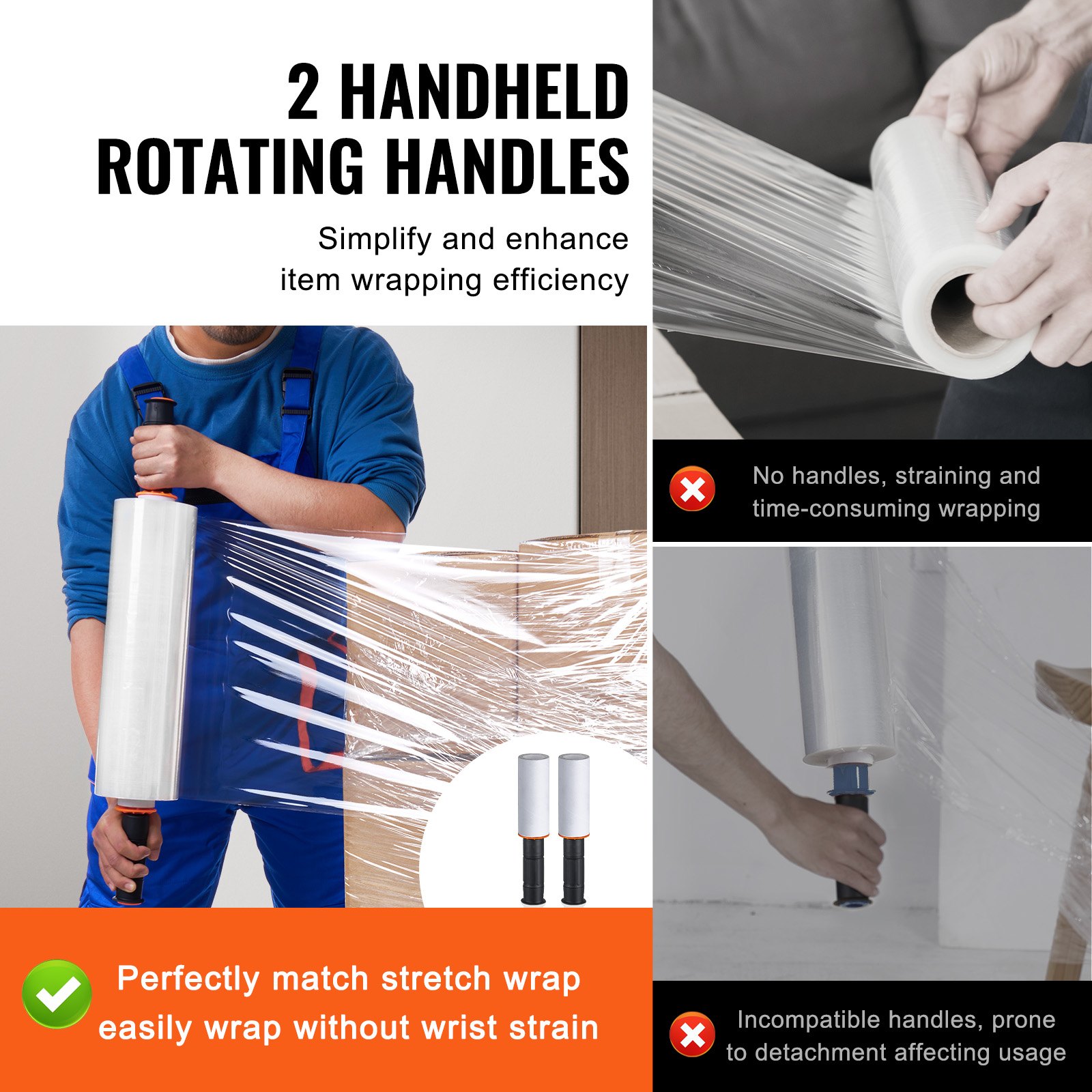 VEVOR Película Elástica Retráctil 366 m 4 Piezas Rollo de Envoltura Elástica Transparente y Duradero Calibre 80 Película Retráctil Resistente con Asas para Envolver Palés, Envío en Movimiento