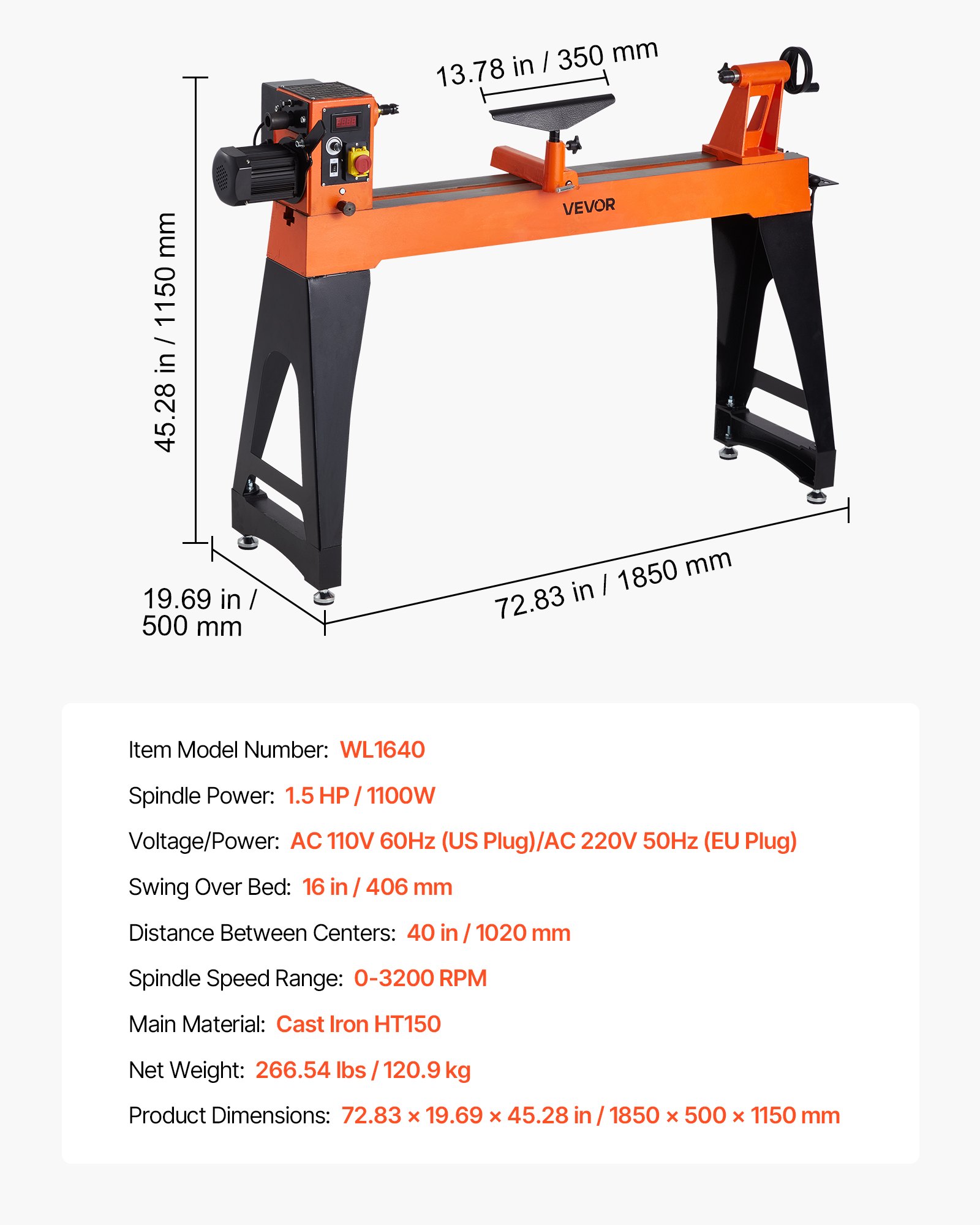 VEVOR 1100 W Torno Vertical de Carpintería con Velocidad Variable de 0 a 3200 RPM, Banco de Trabajo de 406 x 1020 mm, Motor de CC sin Escobillas para Proyectos de Carpintería Medianos y Grandes