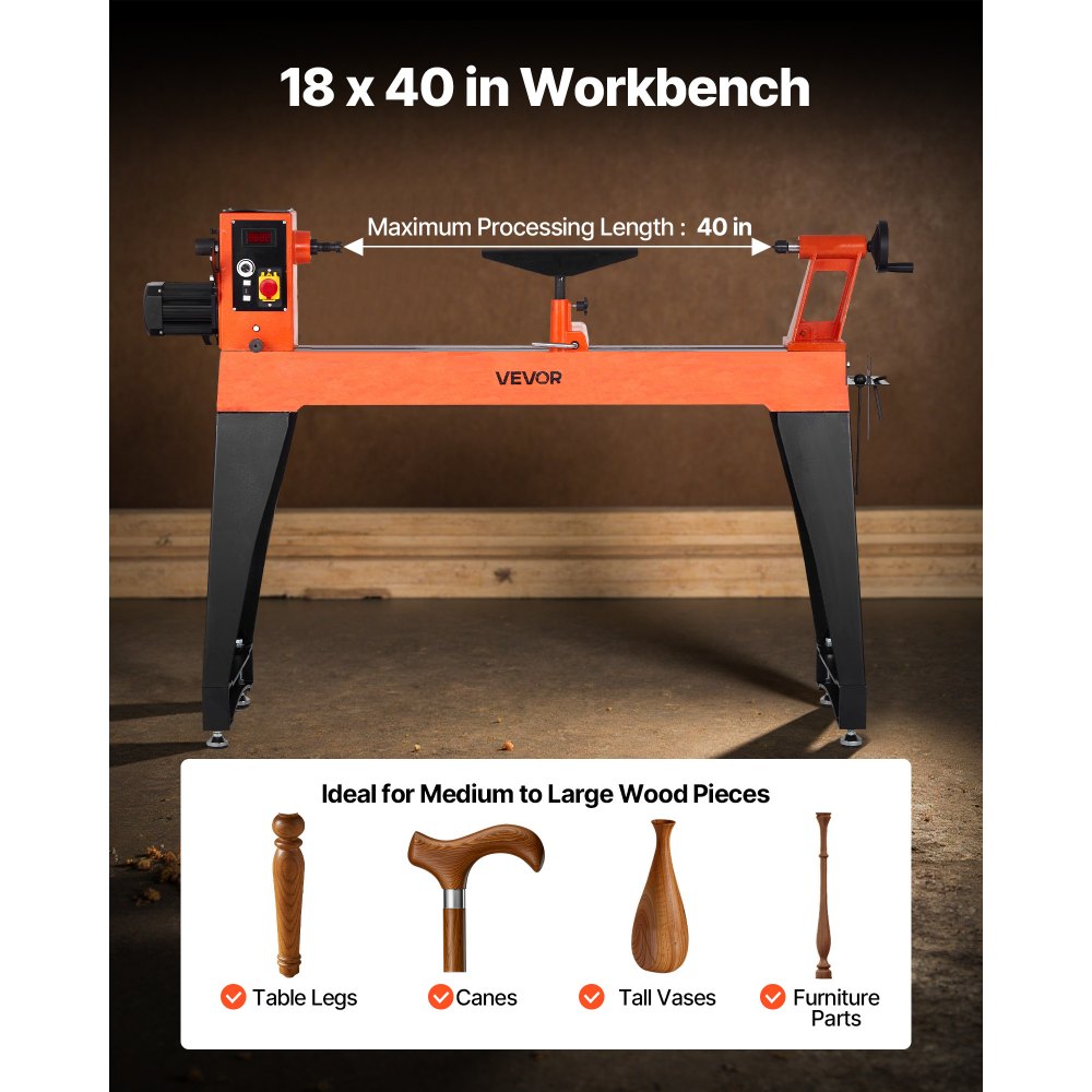 VEVOR 1500 W Torno Vertical de Carpintería con Velocidad Variable de 150 a 3200 RPM, Banco de Trabajo de 457 x 1020 mm, Motor de CC sin Escobillas para Proyectos de Carpintería Medianos y Grandes