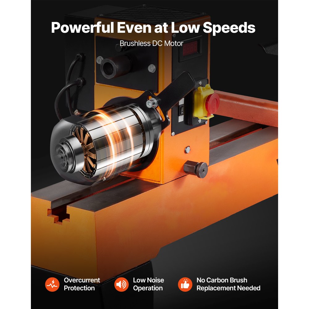 VEVOR 1500 W Torno Vertical de Carpintería con Velocidad Variable de 150 a 3200 RPM, Banco de Trabajo de 457 x 1020 mm, Motor de CC sin Escobillas para Proyectos de Carpintería Medianos y Grandes