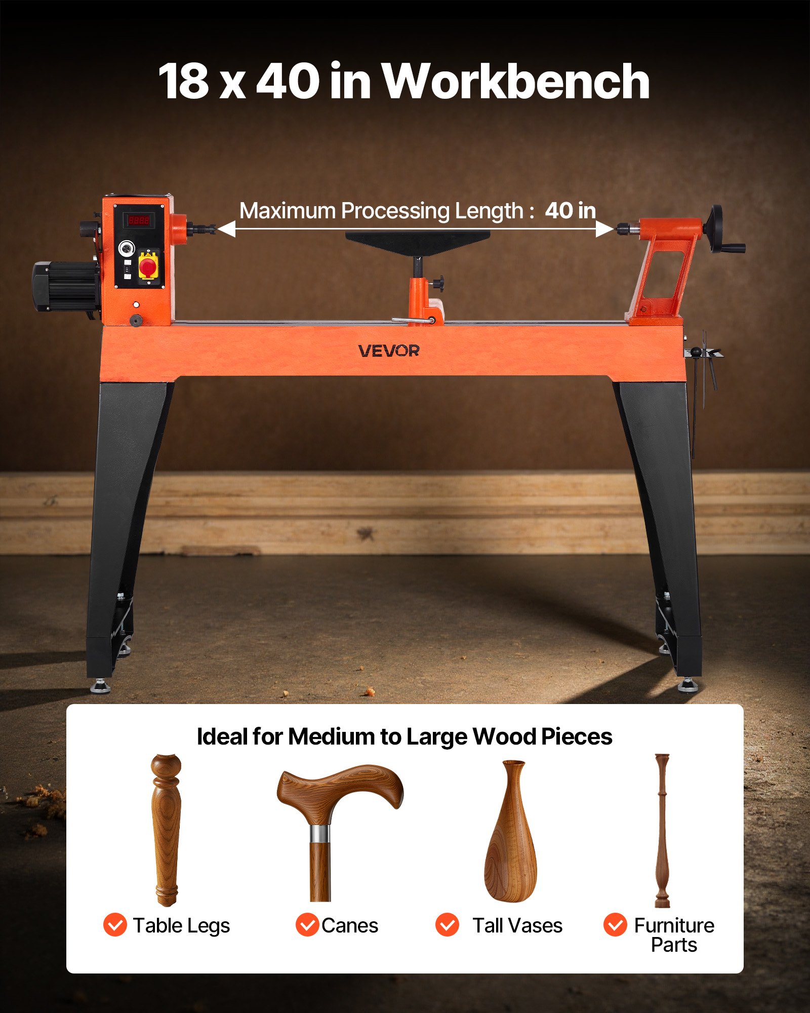 VEVOR 1500 W Torno Vertical de Carpintería con Velocidad Variable de 150 a 3200 RPM, Banco de Trabajo de 457 x 1020 mm, Motor de CC sin Escobillas para Proyectos de Carpintería Medianos y Grandes